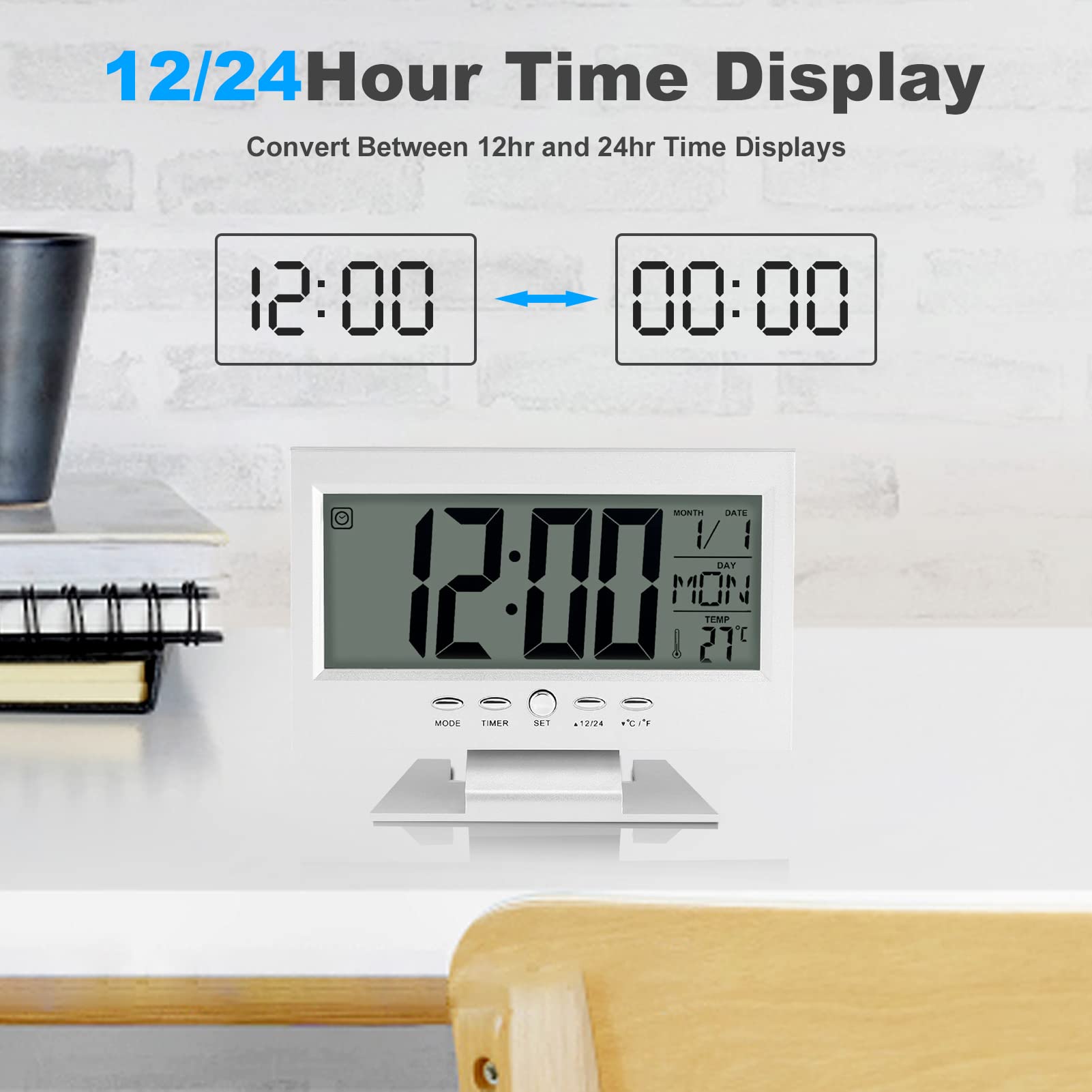 Silver LCD Digital Sound Sensor Alarm Clock with Calendar & Temperature Display - Electric Desk Clock for Bedroom, Office, and Home Use