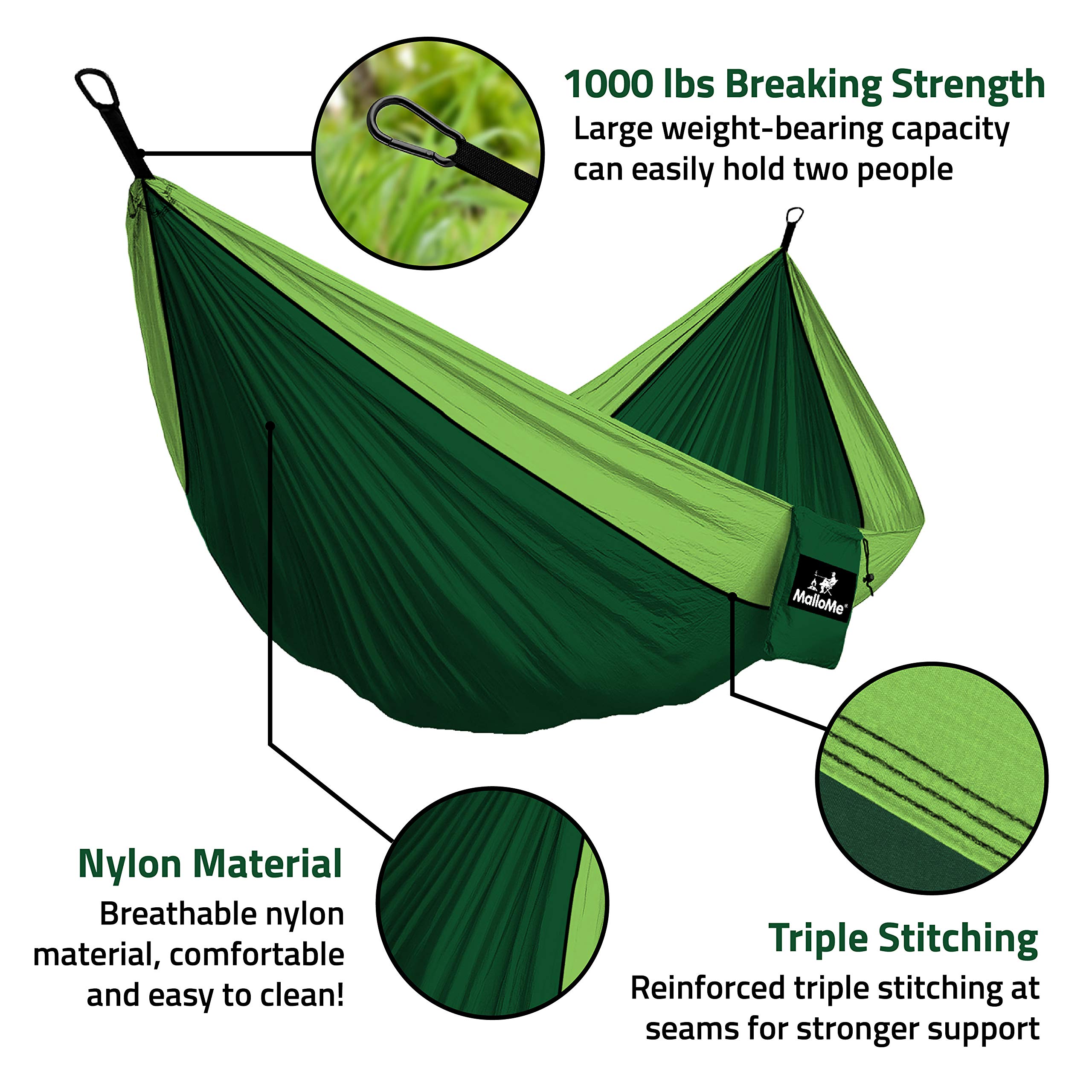 **MalloMe Portable Camping Hammock for Adults & Kids - Heavy Duty 2 Person Outdoor Hammock with Tree Straps - Lightweight & Compact for Backpacking, Hiking, Beach, Travel (Single & Double Size)**    **Usage Scenarios:** Perfect for camping, backyard relaxation, beach trips, hiking breaks, and outdoor adventures.