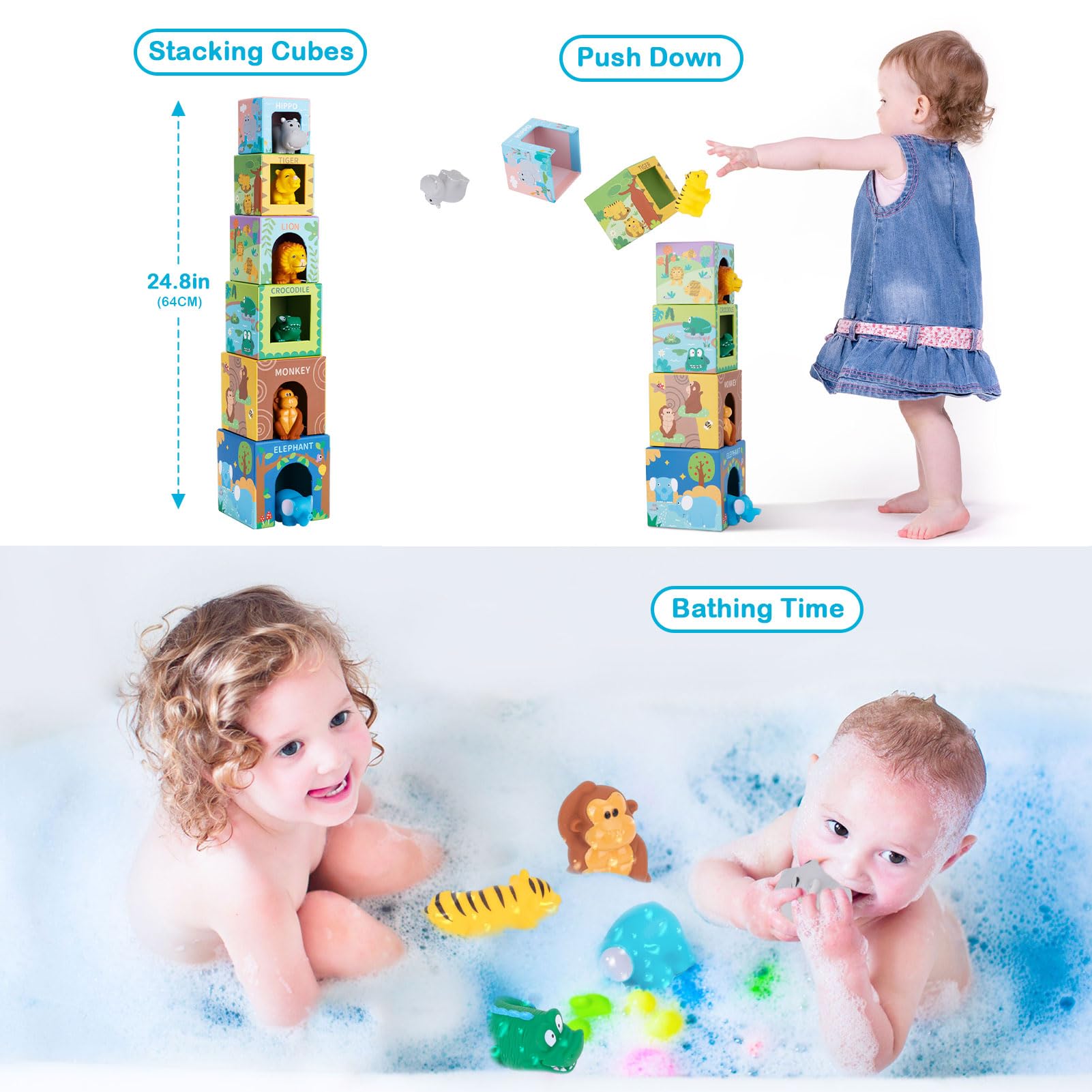 Soft Safari Animal Stacking & Sorting Toys for Toddlers 1-3 Years - Montessori Learning Blocks with Numbers, Bath & Nesting Play for Babies 12-18 Months - Perfect Educational Gift for 1 2 3 Year Old Boys & Girls - Ideal for Preschool Learning, Bathtime Fun & Early Math Development