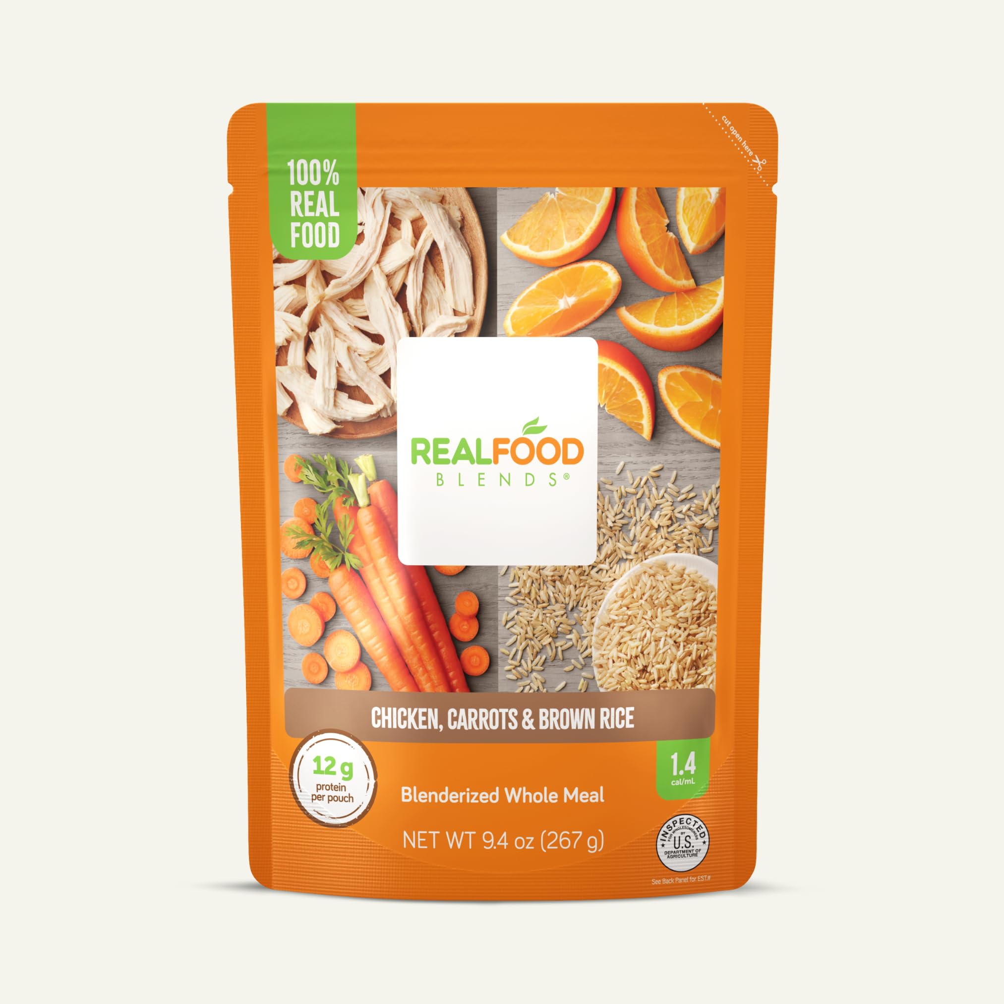 Real Food Blends Chicken, Carrots & Brown Rice Puree - High Protein Tube Feeding Meals with Vegetables & Fruits - 340 Calorie Nutrient-Rich Pureed Food for Adults & Seniors - Easy Lunch & Dinner Solution - 9.4 oz (Pack of 12) - Ideal for Home Care, Hospitals & Recovery Meals