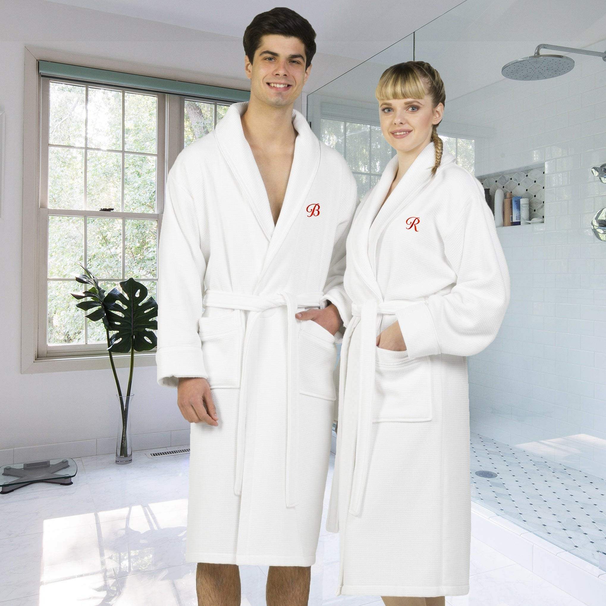 Premium White Unisex Turkish Cotton Waffle Weave Bathrobe with Red Monogram - Soft & Absorbent Terry Cloth Robe for Spa, Hotel & Home Relaxation (Sizes L-XL)
