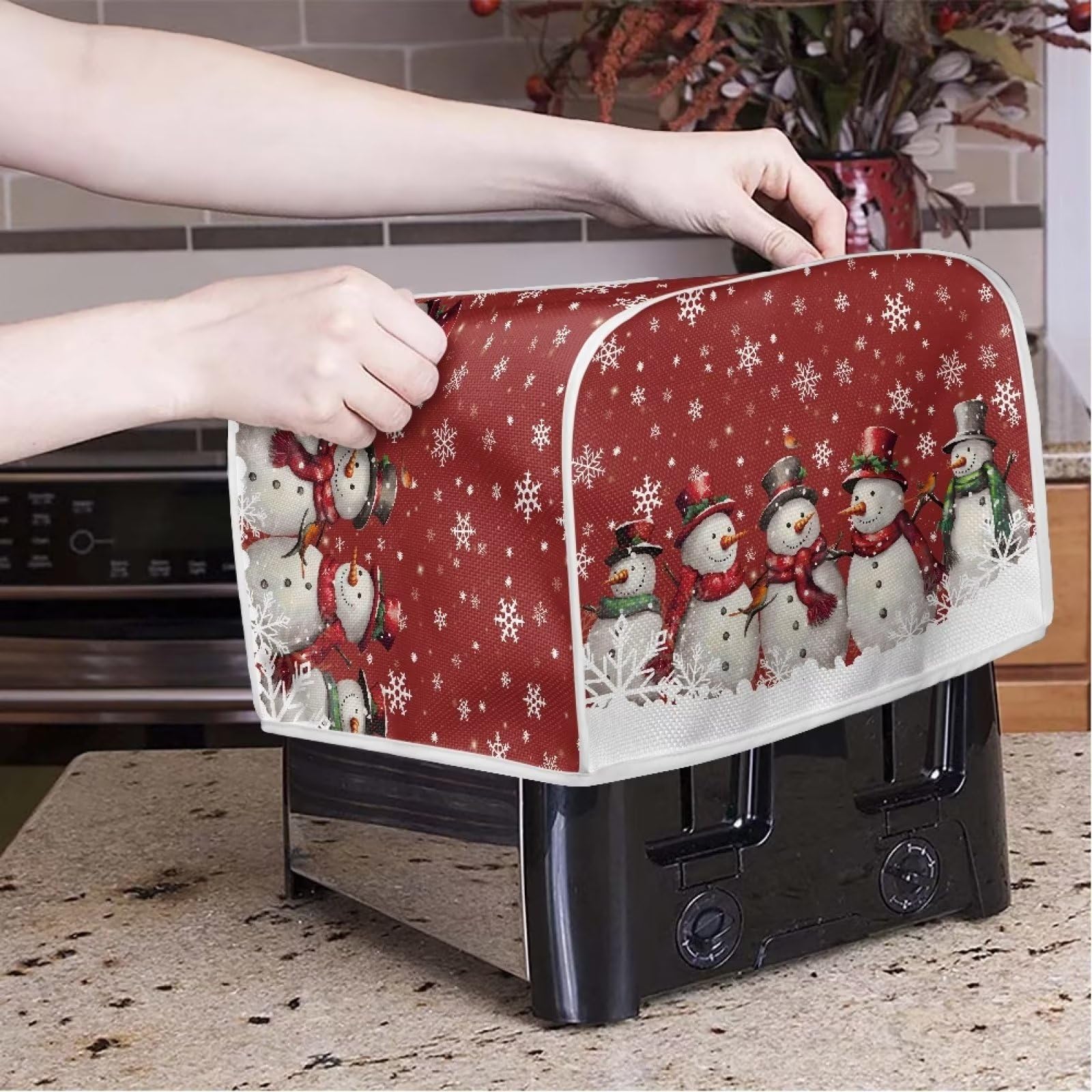 Christmas Snowman Printed Bread Machine Cover, 4 Slice Toaster Cover, Anti-Dust Kitchen Appliance Protector for Baking Accessories, Perfect for Holiday Kitchen Decor