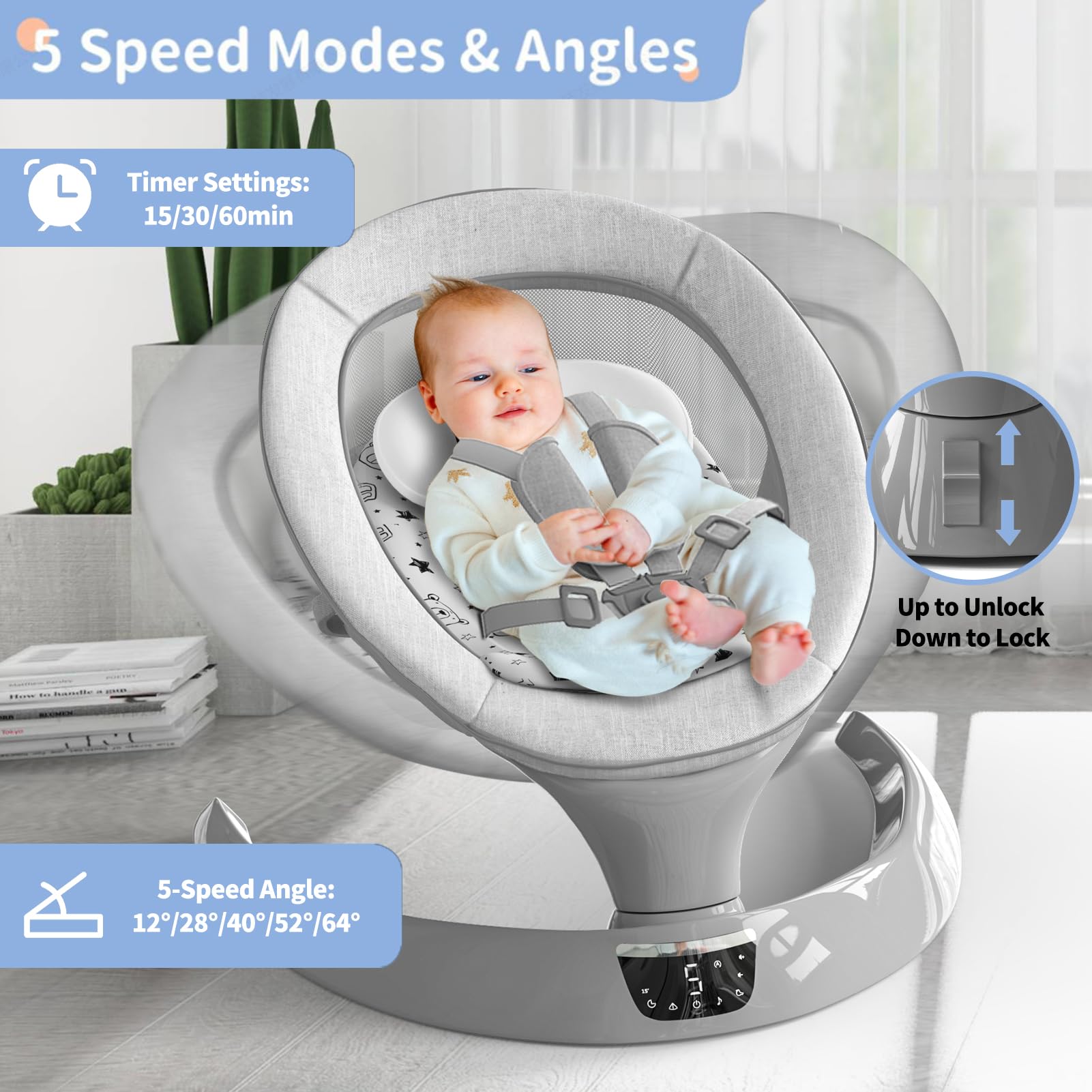 Electric Baby Swing for Infants - Portable Rocker with Bluetooth, 5 Speed Settings, 12 Lullabies & 5 Nature Sounds - Perfect for Newborns & Toddlers (0-12 Months) - Ideal for Nursery, Living Room & Travel Use