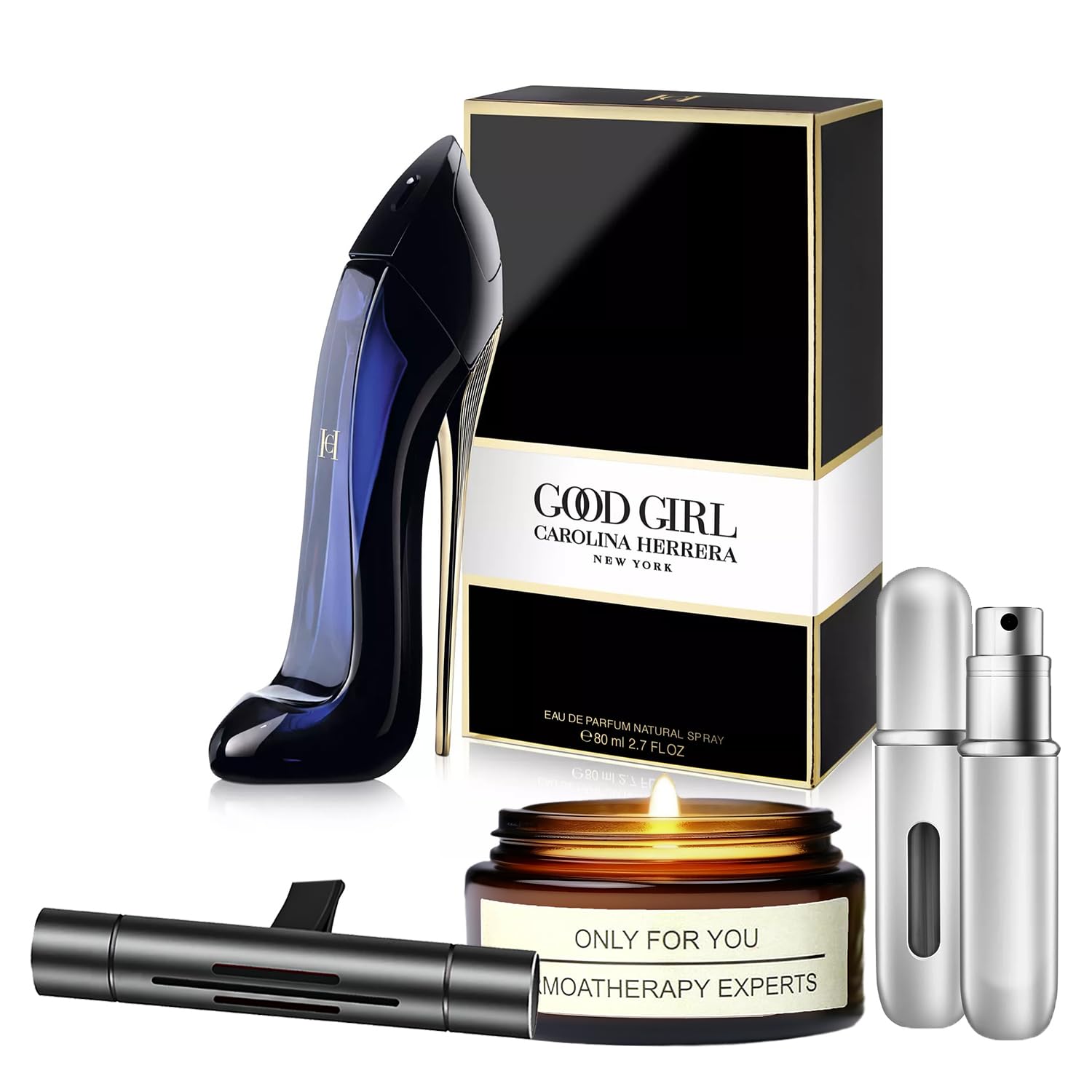 Good Girl Eau de Parfum Gift Set - 2.7 Oz Perfume Spray with Lavender Soy Candle (5ml), Car Fresheners & Travel Atomizer | Women's Fragrance Gift for Birthday, Anniversary & Valentine's Day | Perfect for Office, Date Night & Special Occasions