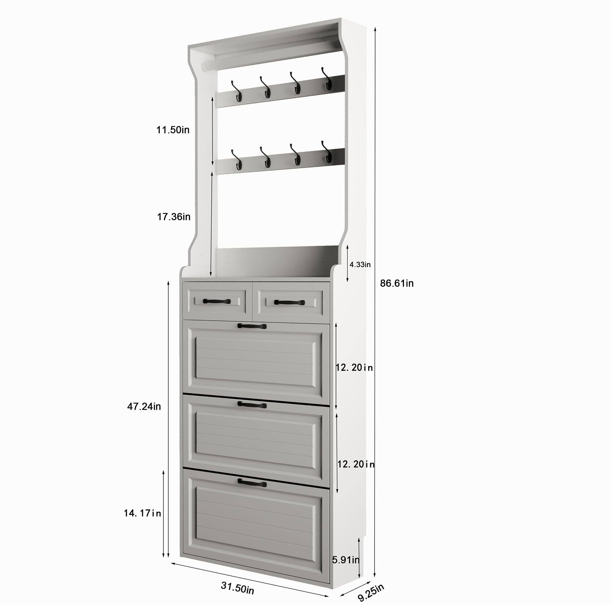 Olela Slim Shoe Cabinet for Entryway - Narrow Hidden Shoe Rack Organizer with Open Shelves, 8 Hooks & 3 Flip Drawers - Freestanding Storage for Hallway, Closet or Bedroom - Perfect for Small Spaces & Apartment Living