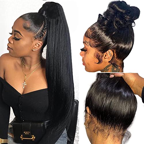 360 Lace Front Wig Human Hair 180% Density Straight Brazilian Virgin Hair with Pre-Plucked Baby Hair - 24 Inch HD Transparent Lace Wigs for Black Women - Perfect for Daily Wear, Special Occasions & Protective Styling