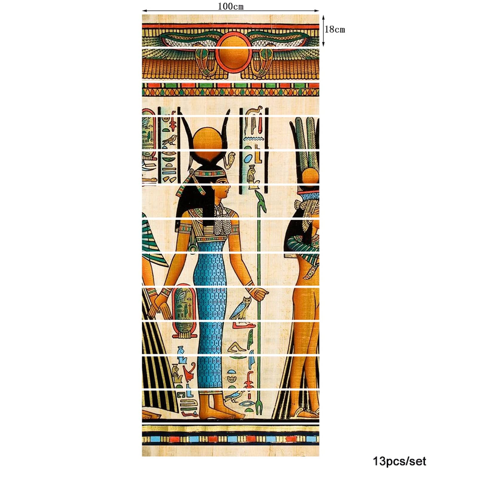 A.Monamour 3D Self-Adhesive Removable Stair Stickers - Egyptian Papyrus Design Featuring Queen Nefertari Offering to Isis - Vinyl Stair Riser Decals for Kitchen, Tile, and Wall Decor - 13-Piece Set - Perfect for Home Renovation, Staircase Makeover, and Themed Interior Design