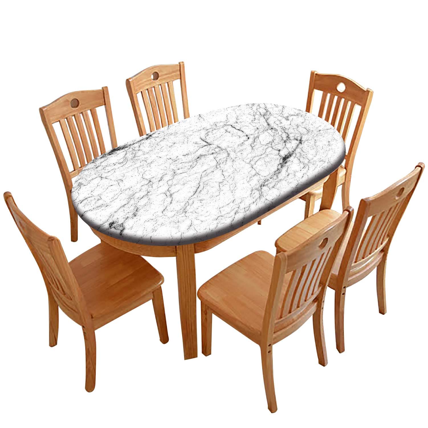 Black White Marble Texture Oval Fitted Tablecloth - Waterproof Wrinkle-Resistant Polyester Table Cover with Elastic Edge for 48x68 Inch Rectangular Tables - Perfect for Indoor Dining, Family Banquets & Holiday Decorations