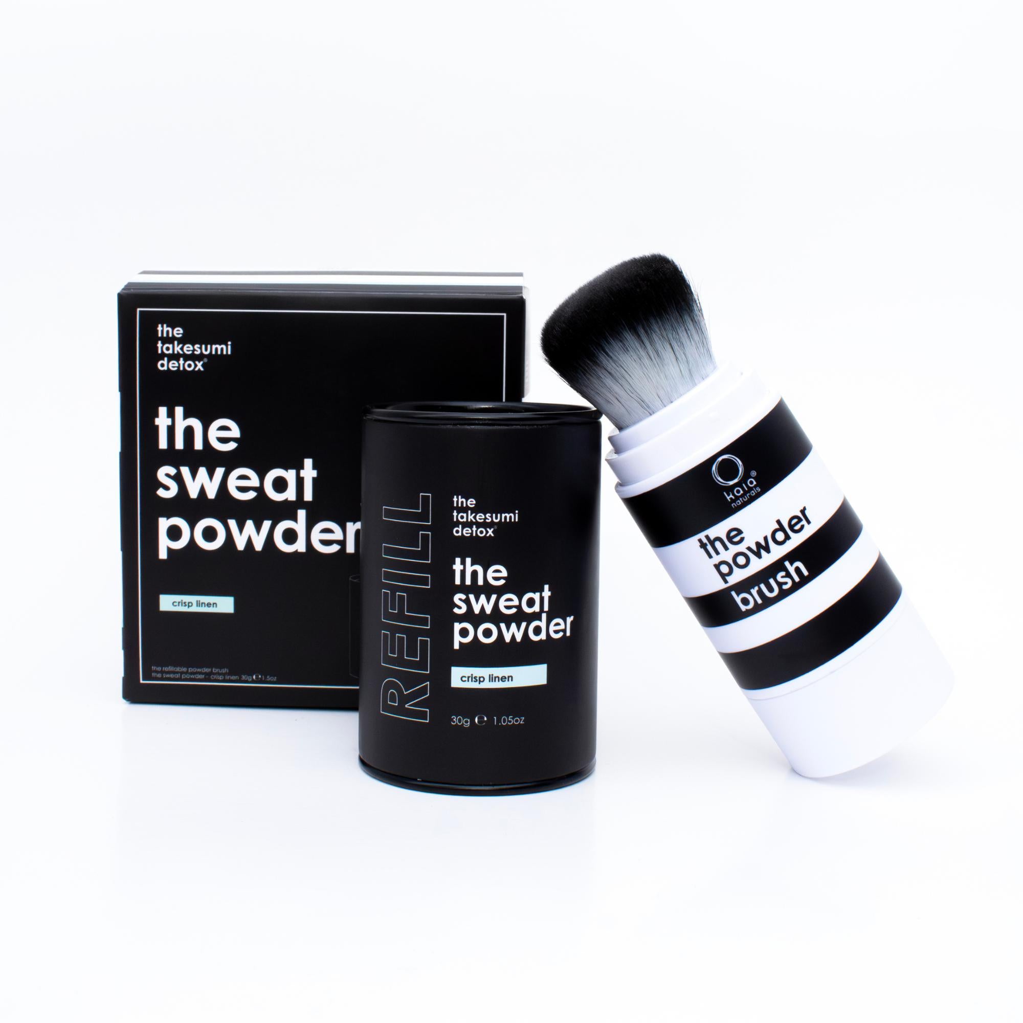 Takesumi Detox Sweat Powder Brush & Refill Set - Crisp Linen Scent | Natural Body Cleansing for Gym, Spa & Post-Workout Freshness