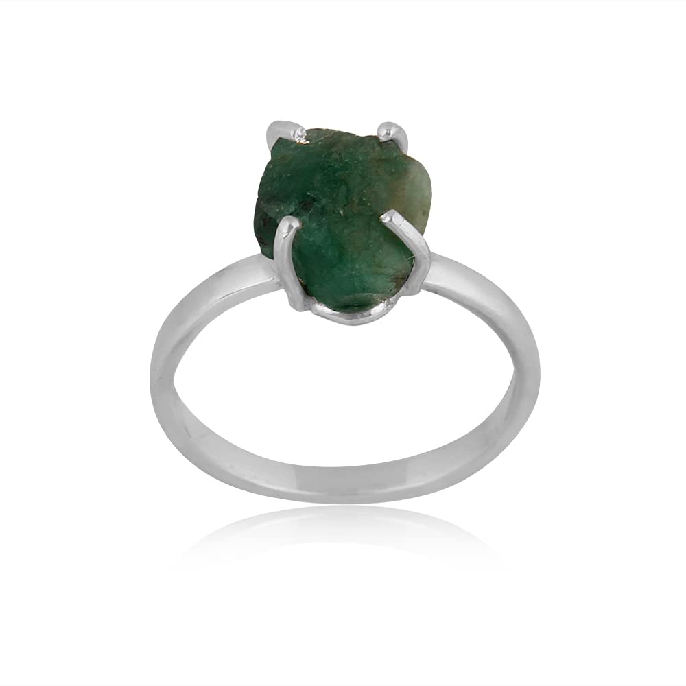 PANOPLY Emerald Rough Raw Emerald Ring - May Birthstone, Uncut Raw Gemstone Solitaire Ring for Stacking, Engagement, or Gift for Her (Size 9.5, 12mm) - Perfect for Everyday Wear, Special Occasions & Jewelry Collections
