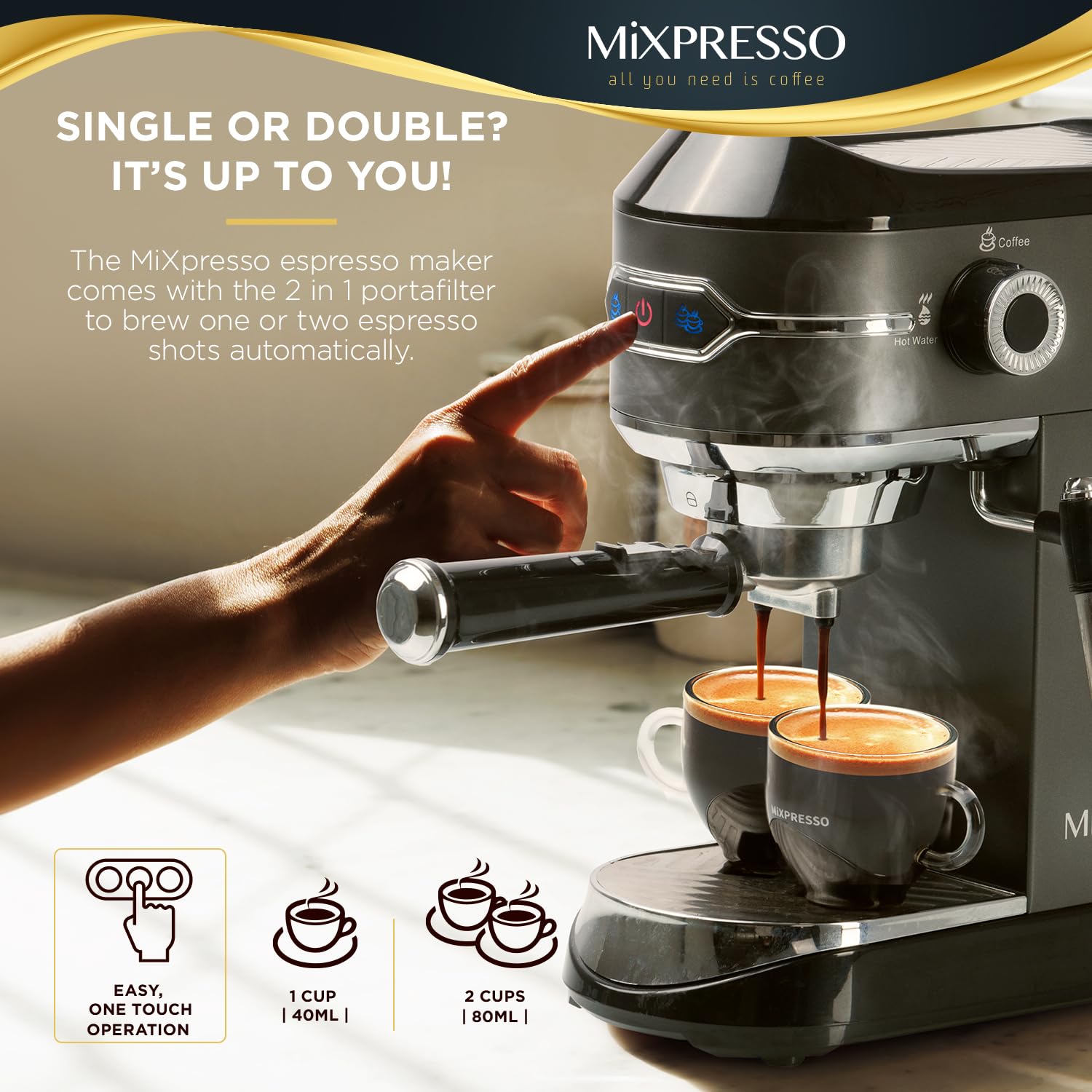 Mixpresso Professional 15 Bar Espresso Machine with Milk Frother - Fast Heating 1450W, Double Cup Splitter & 37Oz Water Tank - Perfect for Home Baristas Making Espresso, Cappuccino & Latte (Ideal for Small Kitchens, Offices & Coffee Enthusiasts)