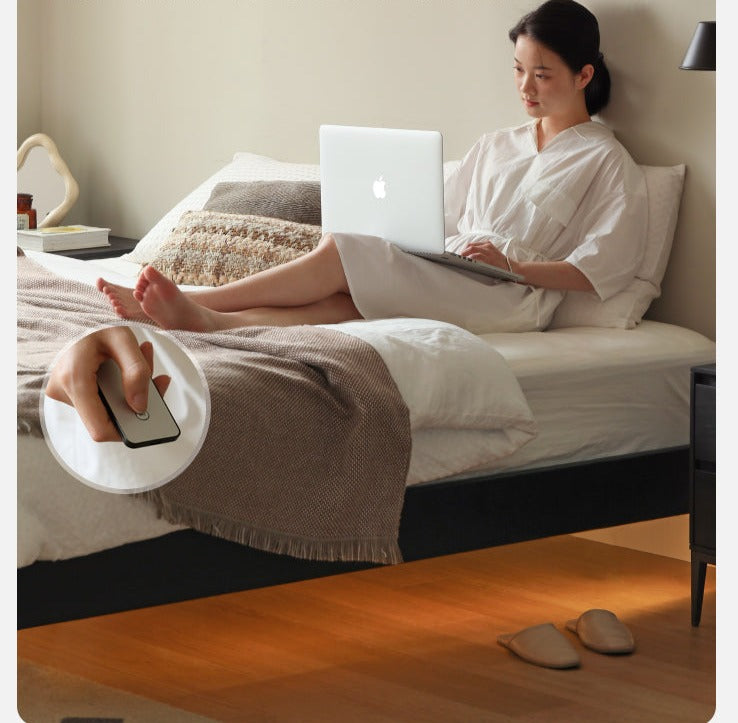 Solid Oak Wood Floating Platform Bed - No Headboard, Black Finish with LED Lights - Perfect for Modern Bedroom & Minimalist Home Decor