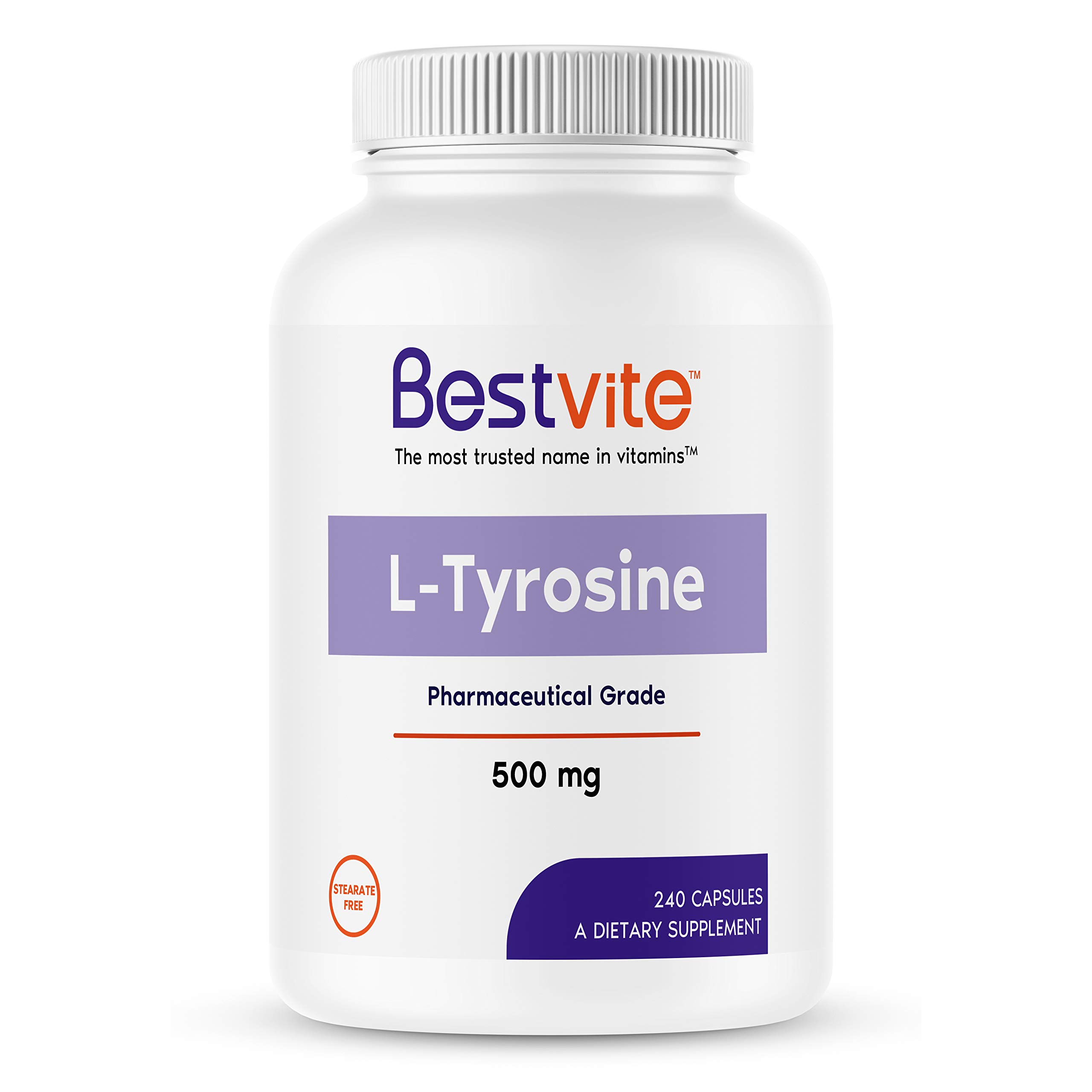 BESTVITE L-Tyrosine 500mg (240 Capsules) - No Stearates - Non GMO - Gluten Free Supplement for Focus, Stress Relief & Mood Support - Perfect for Work, Study & Daily Wellness
