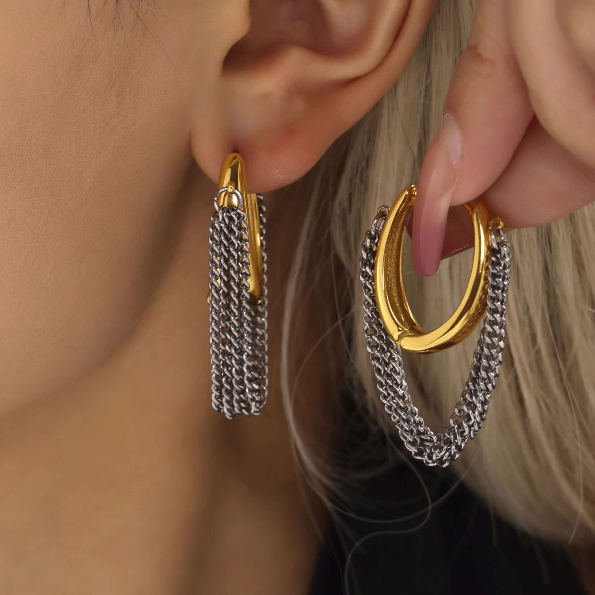 Elegant Gold and Silver Duo Tone Tassel Chain Drop Earrings for Women | Fashion Jewelry Gift for Party, Wedding, and Everyday Wear | F474