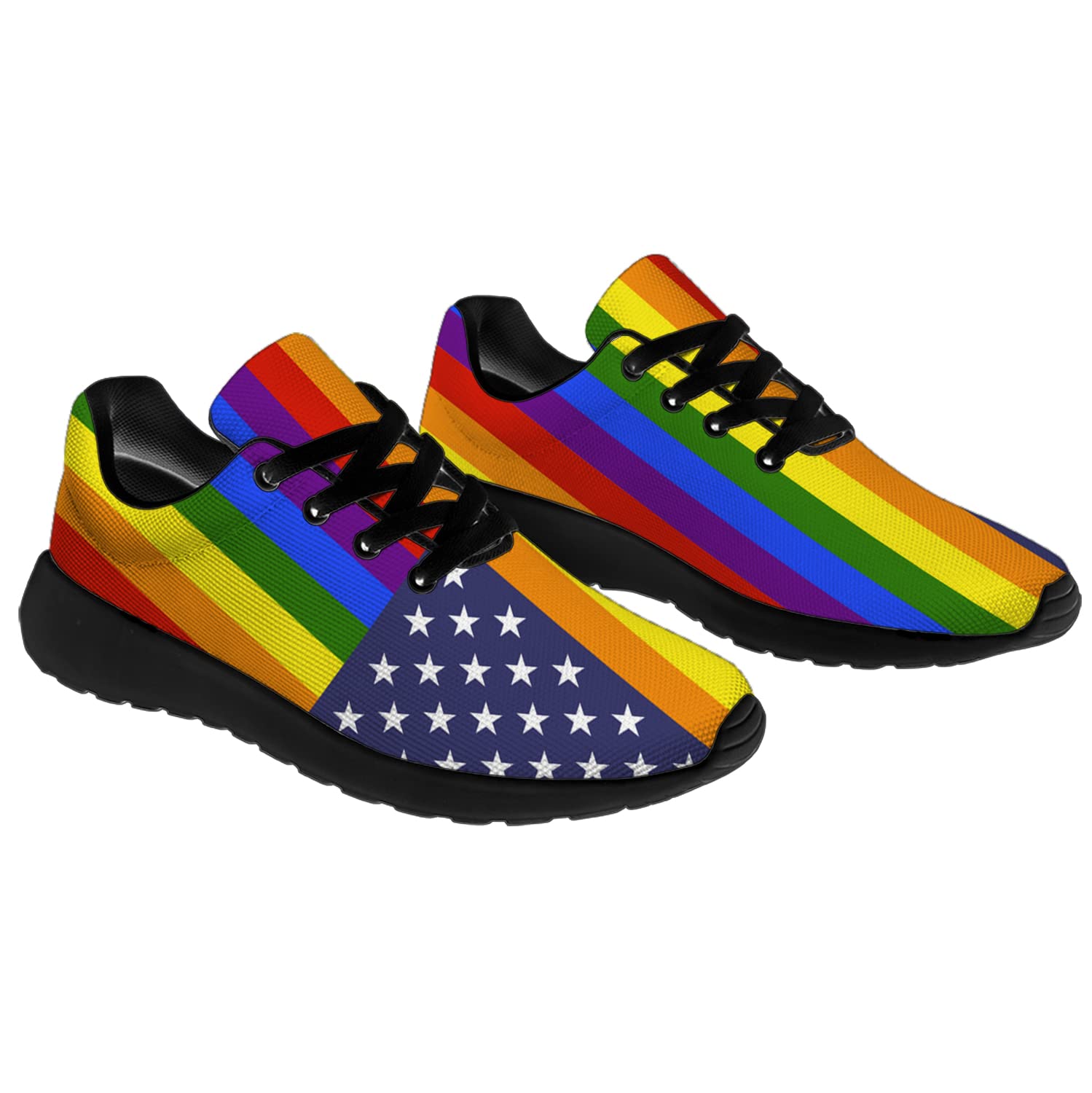 Rainbow Flag LGBTQ Pride Running Shoes for Women & Men - Lightweight Walking Tennis Sneakers with Gay Lesbian LGBT Support - Size 3.5 Men/5.5 Women Black - Perfect for Pride Parades, Workouts & Casual Wear