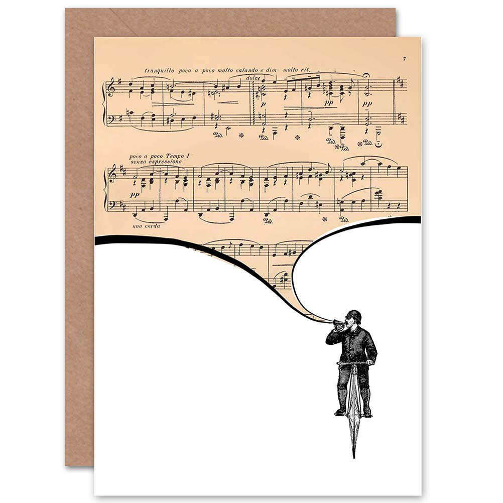 Wee Blue Coo Birthday Greeting Card - Vintage Sheet Music Trumpet Player on Bicycle Design - Perfect for Musicians & Cyclists Birthday Gifts - Ideal for Jazz Lovers & Music Enthusiasts