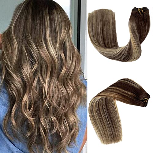 20 Inch 100g Human Hair Bundles - Ombre Chocolate Brown to Honey Blonde Highlights - Double Weft Sew-in Hair Extensions for White Women | Natural Real Human Hair Weft for Seamless Blending | Perfect for Daily Wear, Special Occasions & Styling