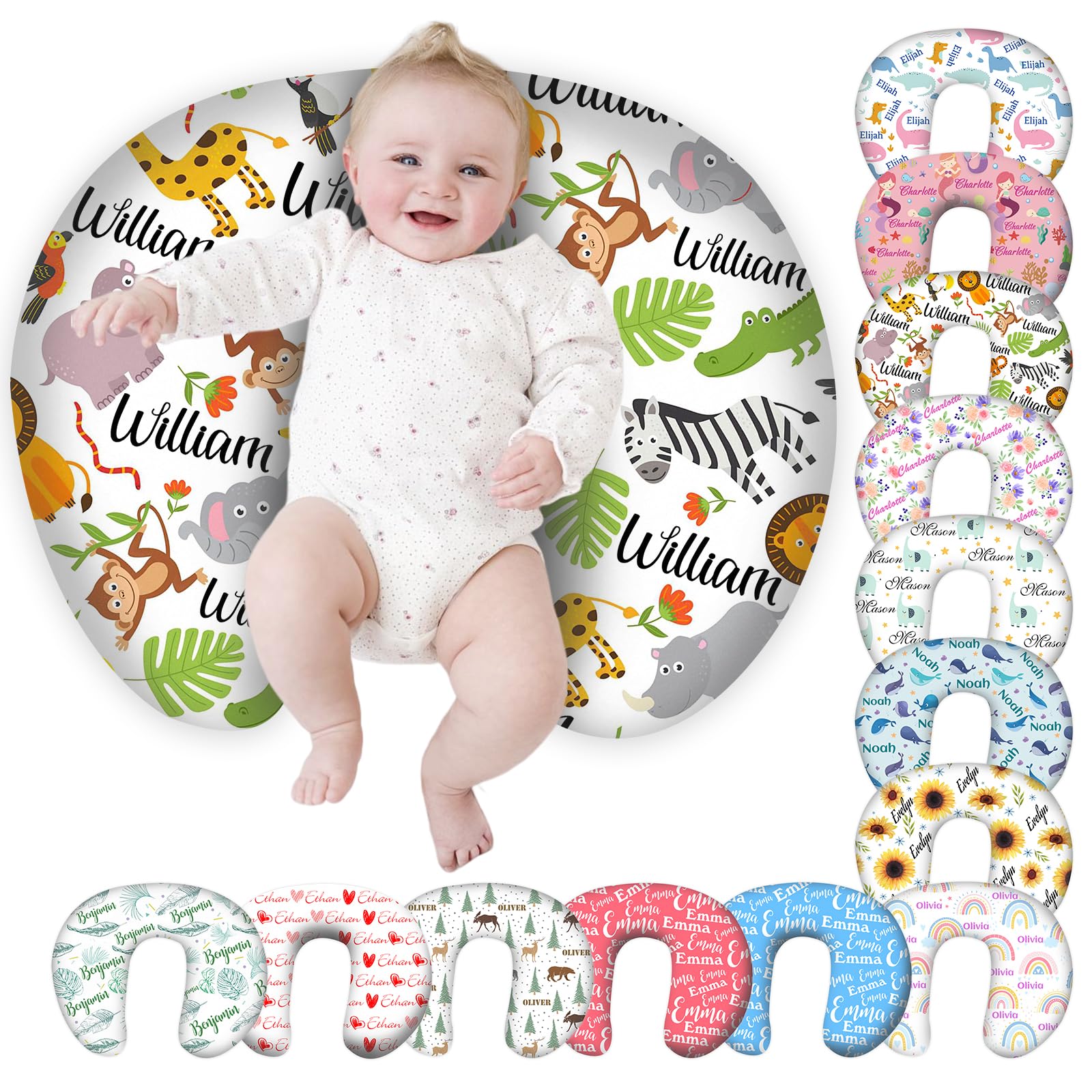 Custom Personalized Baby Nursing Pillow Cover with Name - Wildlife Animal Theme for Boys & Girls - Perfect Baby Shower Gift & Nursery Essential