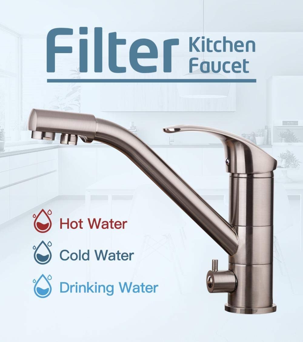 Premium Brass Kitchen Faucet with Nickel Brushed Finish - 360° Swivel Spout & Built-In Water Filtration System | Modern Sink Mixer Tap for Home, Restaurant & Commercial Use