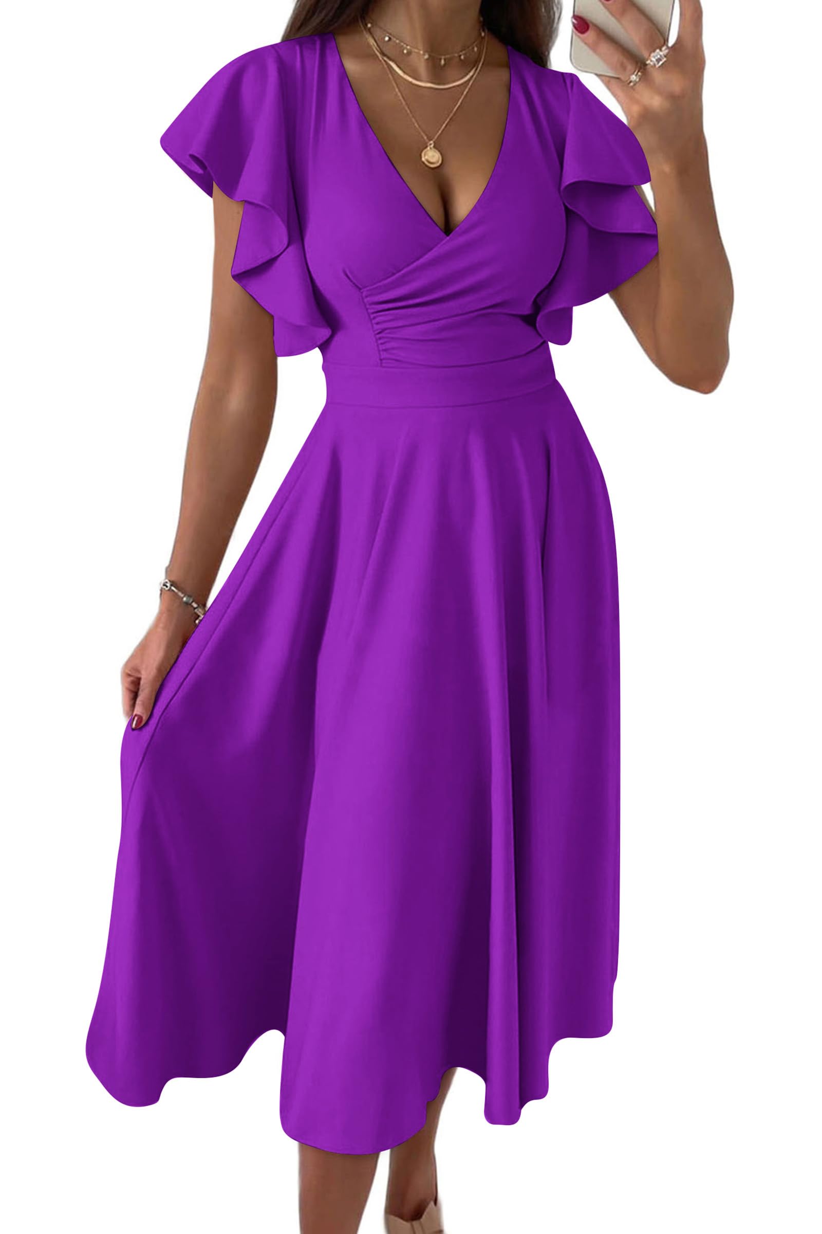 PRETTYGARDEN Women's Summer Midi Dress 2025 - Floral Print Ruffled Sleeve V-Neck A-Line Cocktail Dress for Wedding Guest, Party & Special Occasions | Perfect for Beach Vacations, Date Nights & Spring Events