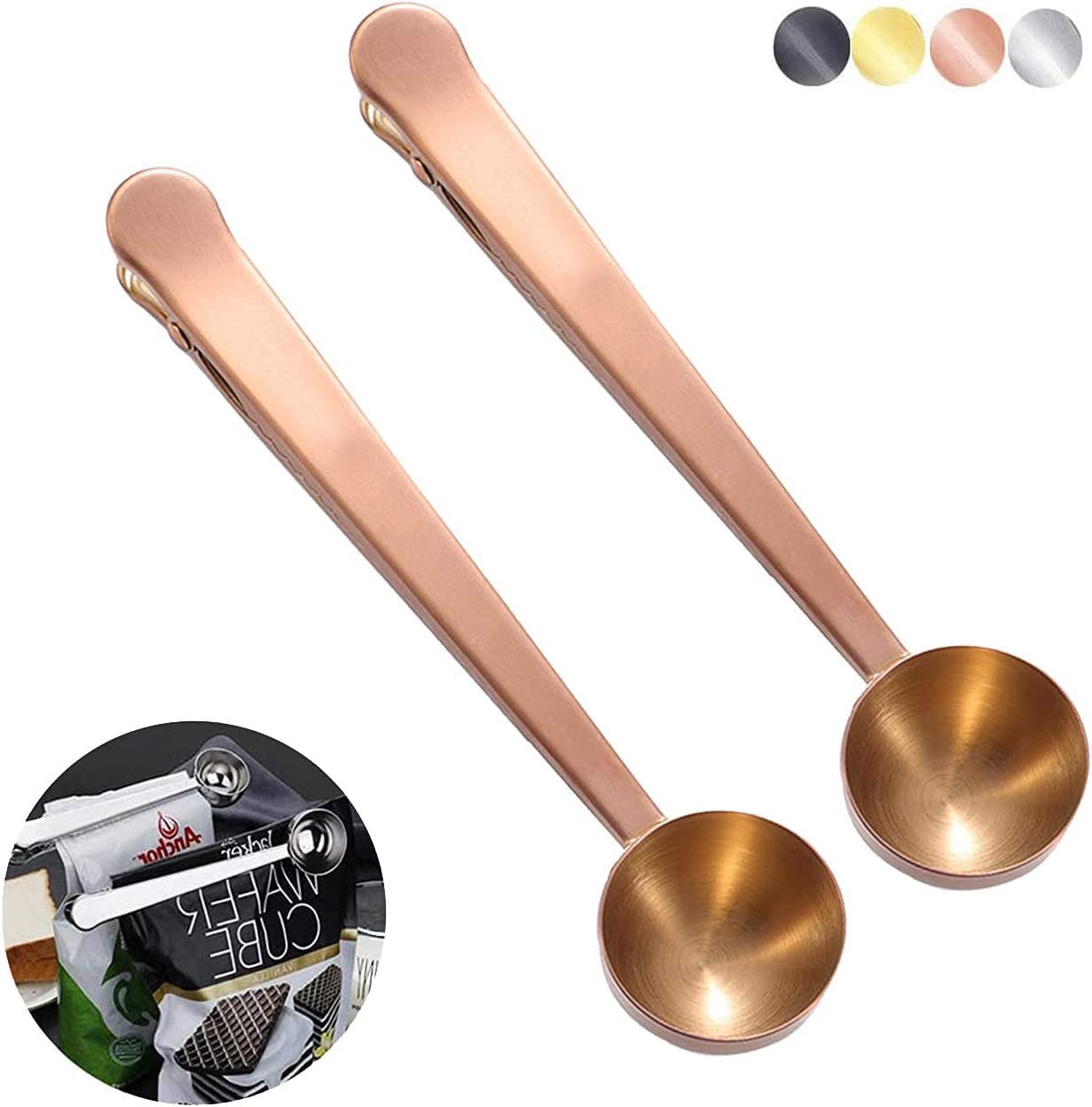 2 Pack Stainless Steel Coffee Scoop with Bag Clip - Precise Measuring Spoon for Ground Coffee, Espresso & Beans (Rose Gold) - Perfect for Home Brewing, Coffee Shops & Gifts