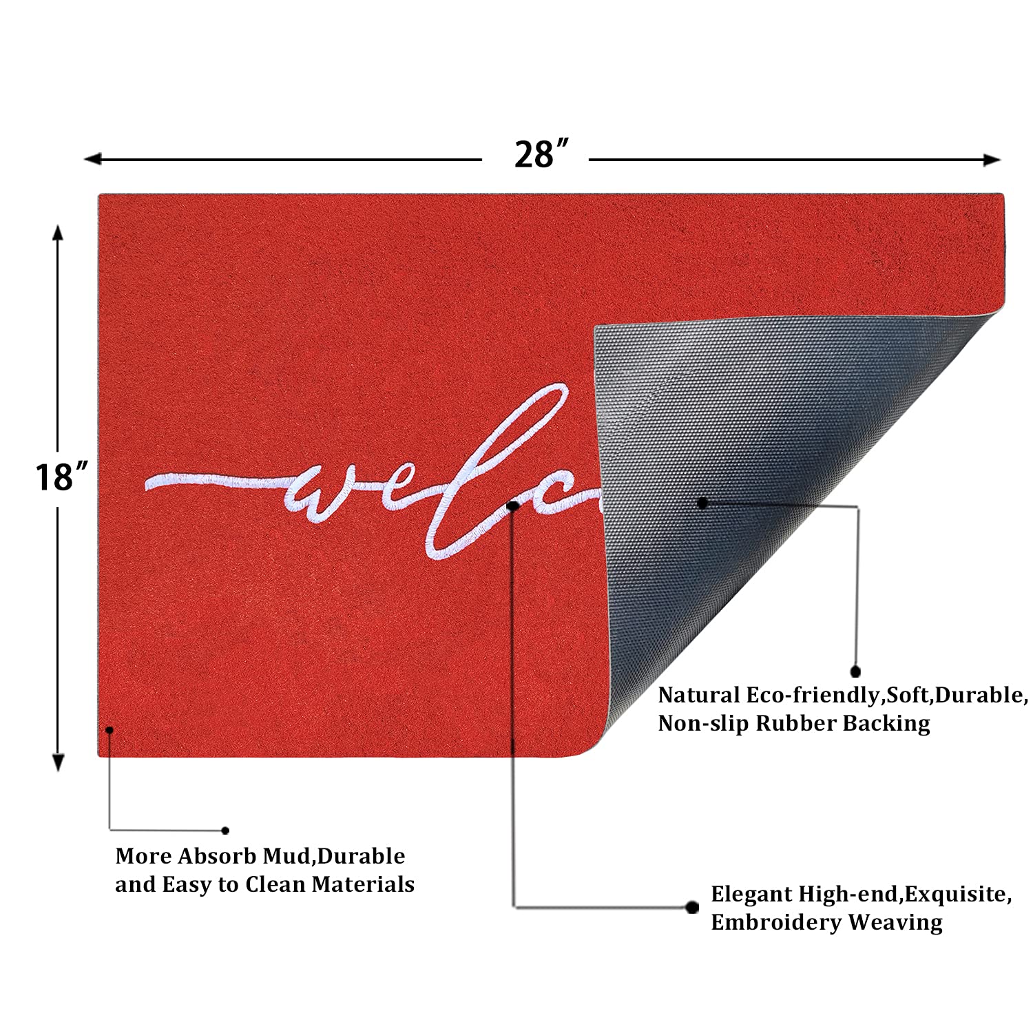 AAZZKONG Non-Slip Red Welcome Doormat - Heavy Duty Rubber Backing for Indoor/Outdoor Use - Front Door, Patio & High Traffic Areas - Easy Clean Entry Mat for Home, Office & Commercial Spaces