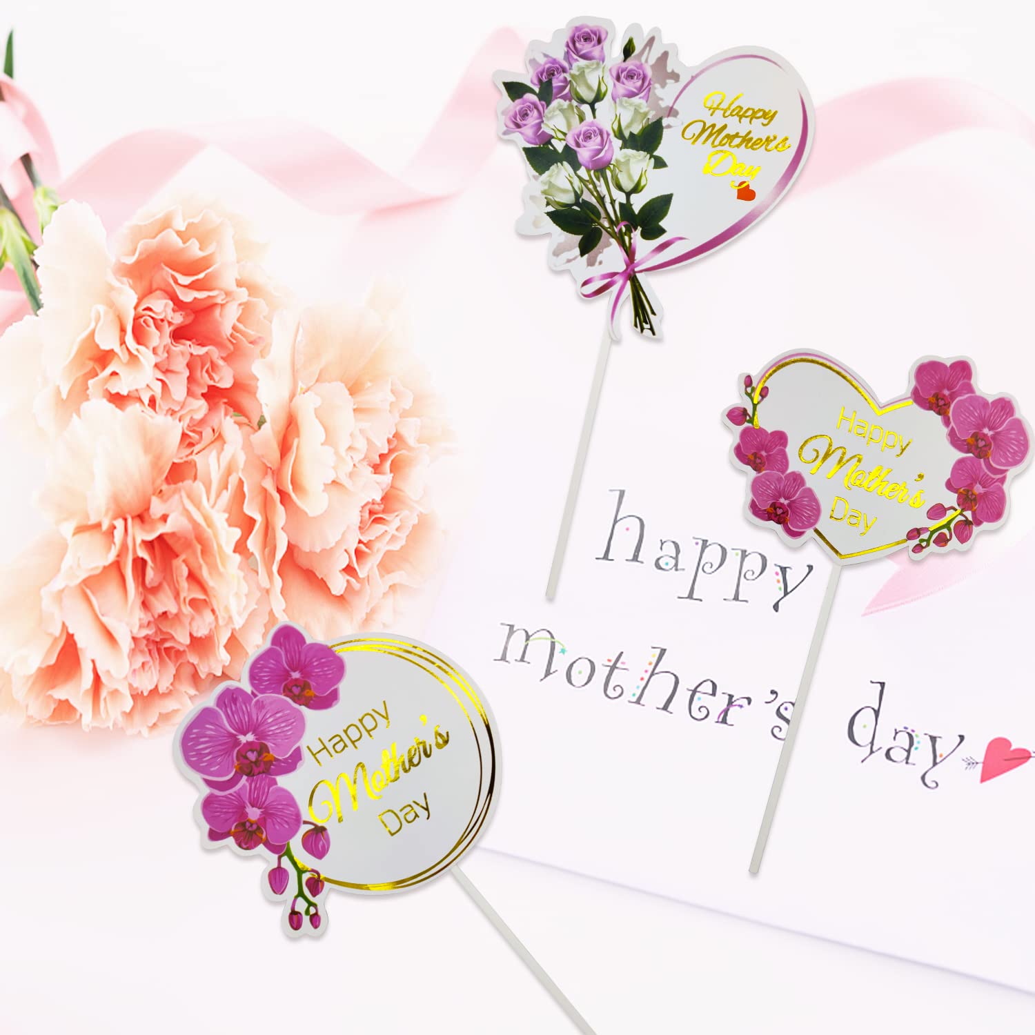 15 Pcs Happy Mother's Day Cake Toppers - Heart & Flower Cupcake Toppers, Heart Shaped Cake Picks for Birthday, Mother's Day Party Decorations - Perfect for Wedding, Baby Shower & Anniversary Cakes