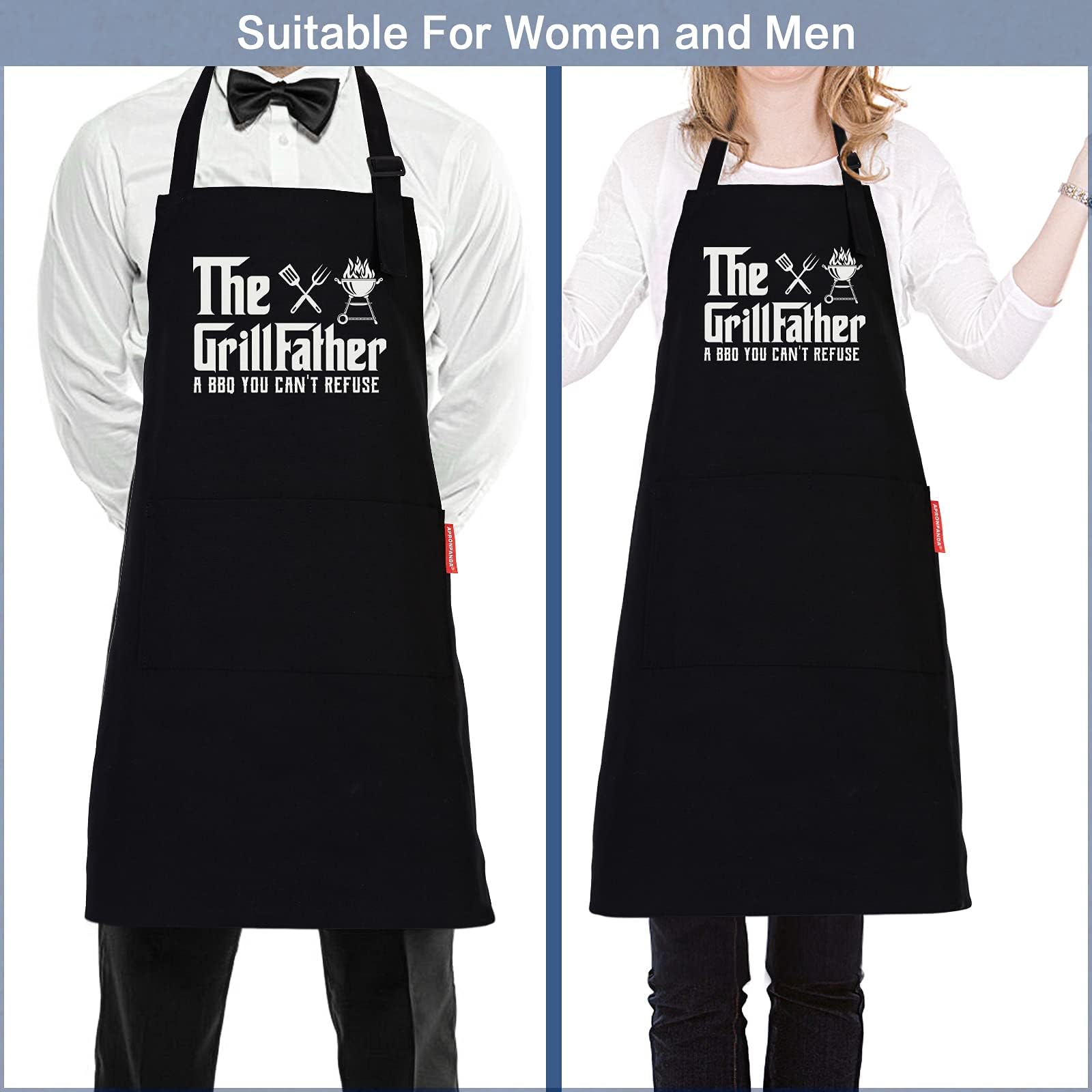 APRONPANDA The Grill Father - Funny BBQ Cooking Apron for Men with Pockets | Perfect Christmas & Birthday Gift for Husband, Dad, Grandad | Ideal for Grilling, Backyard BBQs & Kitchen Cooking