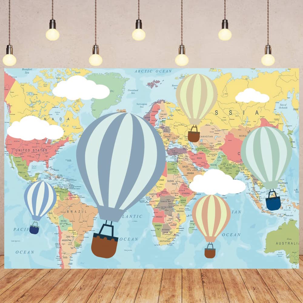 20x10ft Hot Air Balloon Birthday Backdrop - Oh The Places You'll Go Baby Adventure Theme with Cartoon World Map & White Clouds - Perfect for Kids Parties, Baby Showers, Cake Tables & Studio Photography Props