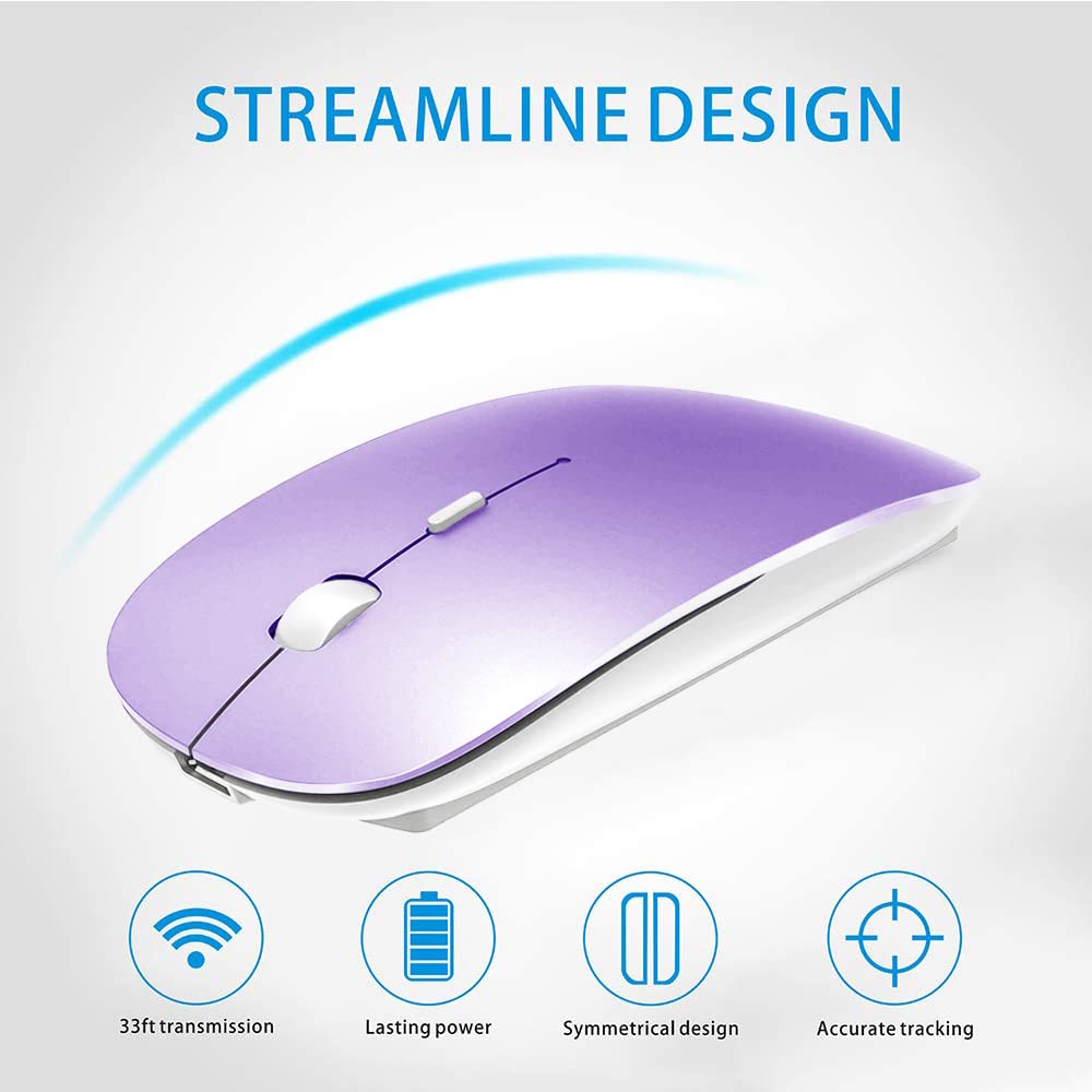 Rechargeable Bluetooth Mouse for MacBook, MacBook Air, MacBook Pro, iPad - Wireless Mouse for Laptop, Notebook, PC, Chromebook (Purple) - Perfect for Office, Home, Travel & Remote Work