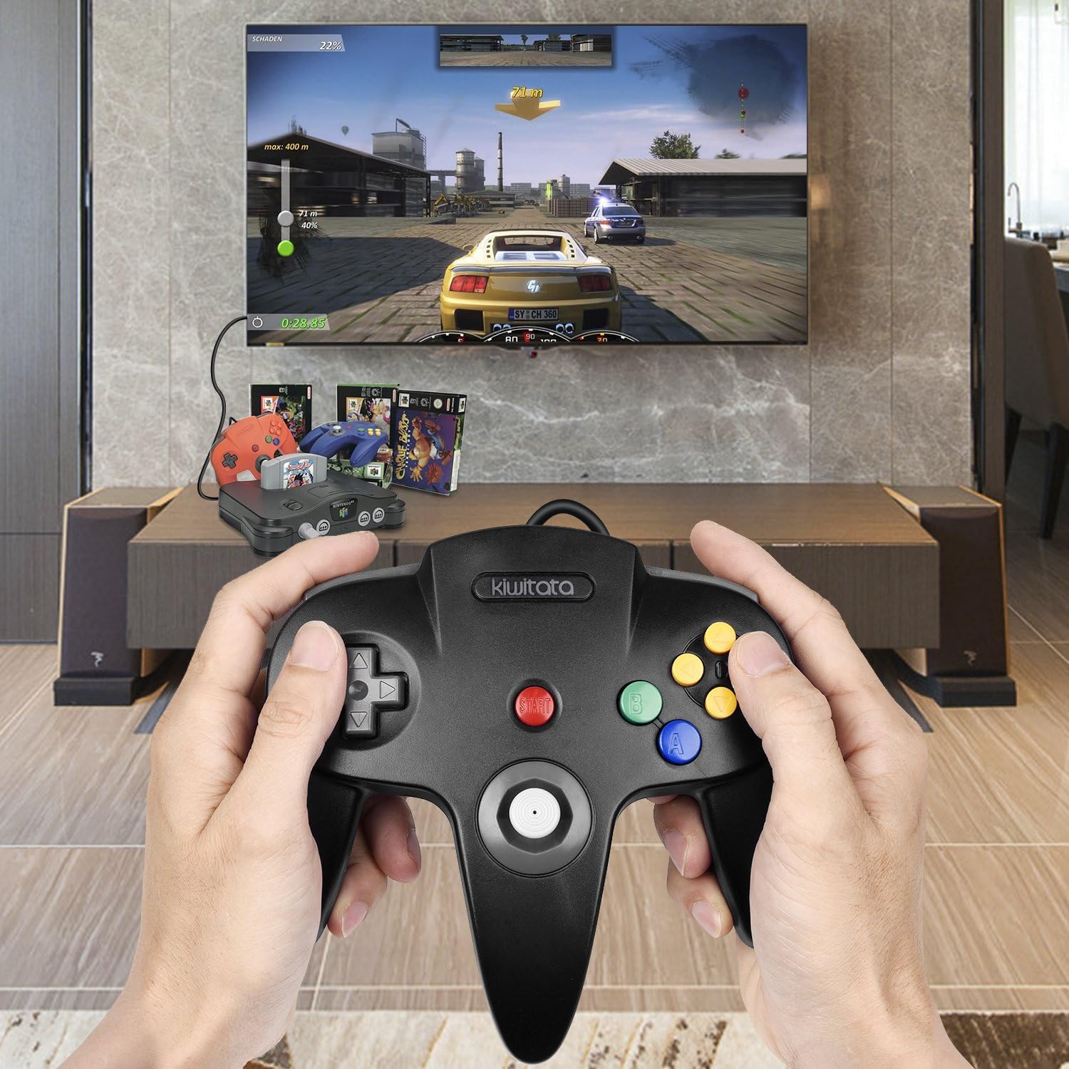KIWITATA 2 Pack Classic N64 Controller - Wired Retro Game Controller for Nintendo 64 Console (Red & Black) - Perfect for Mario Kart 64, Super Smash Bros & GoldenEye 007 Gaming Sessions