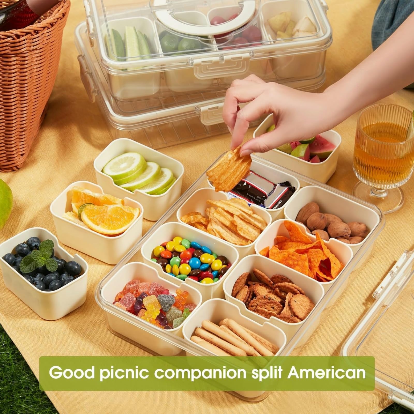 Portable Divided Snackle Box Container with Lid & Handle - 3-Compartment Serving Tray for Fruits, Candy, Treats | Perfect for Picnics, Parties, Road Trips & Office Snacks