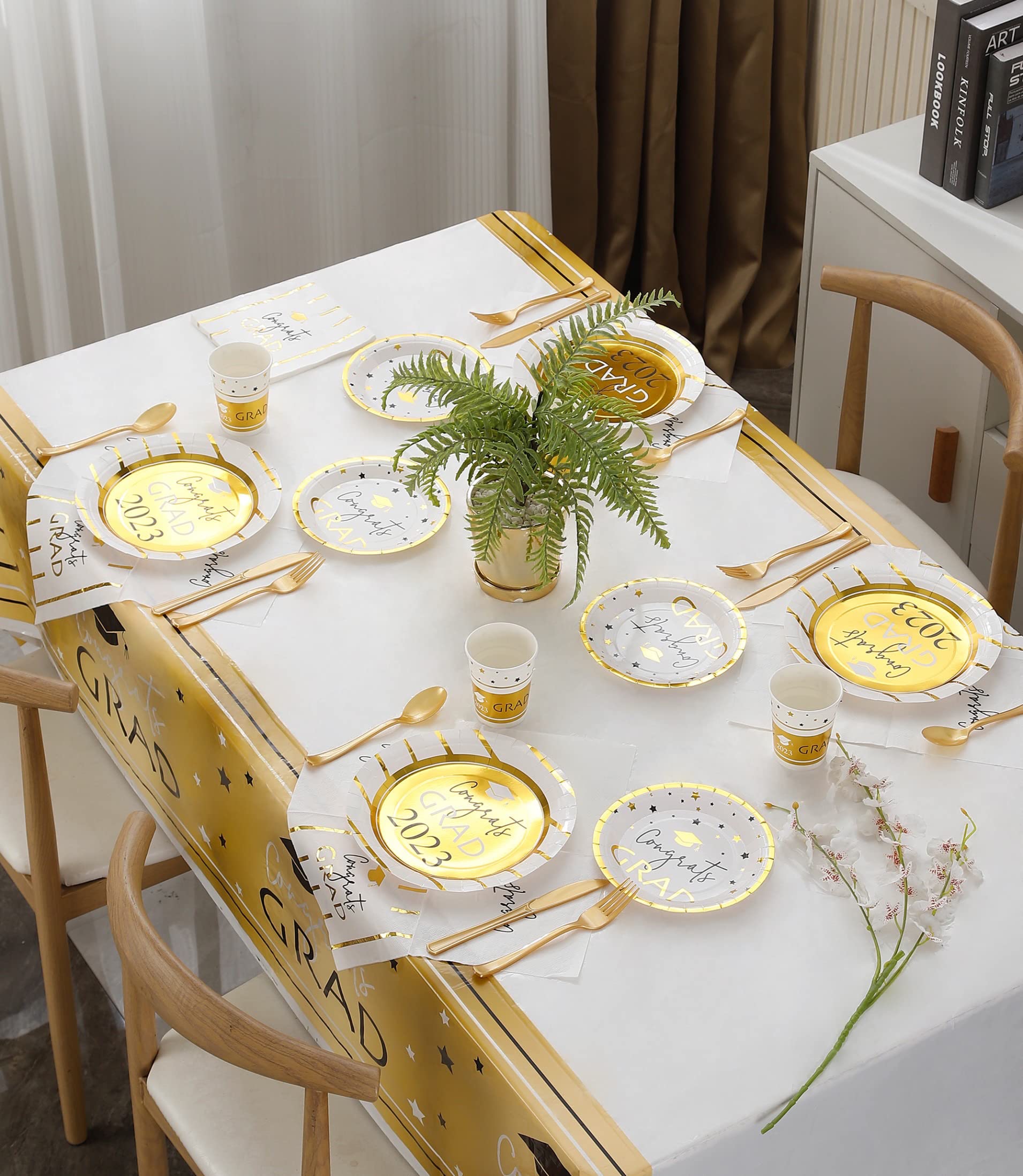 2023 Graduation Party Supplies Set - 16-Piece White & Gold Plates, Napkins, Cups & Cutlery for College Graduation Decorations & Favors - Perfect for Commencement Celebrations, Graduation Dinners & Open House Parties