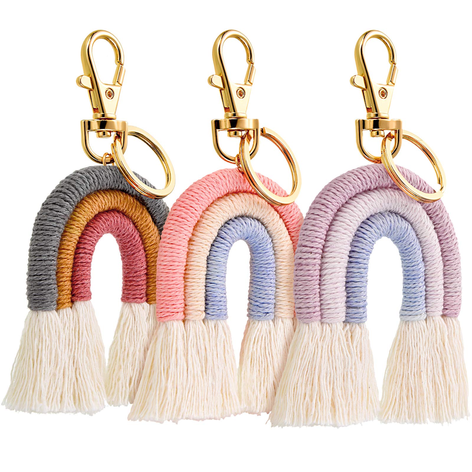 Hicarer 3 Pieces Rainbow Keychains Macrame Weaving - Rainbow Tassel Keychains for Women, Festivals, and Boho Style