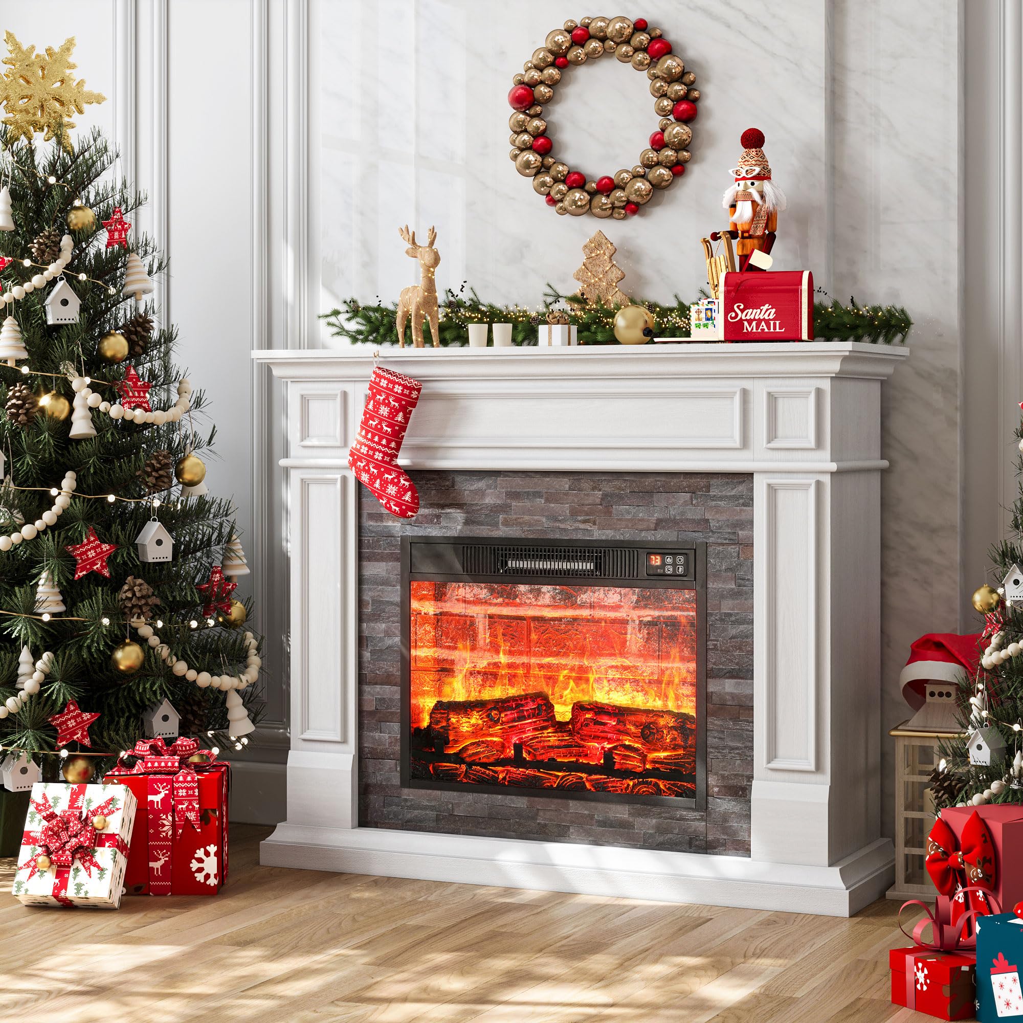 44 Inch Electric Fireplace with Mantel - Freestanding Tall Fireplace Heater with Realistic Stacked Stone Surround, Remote Control & Timer, LED Flame Technology - Perfect for Living Room, Bedroom, Office & Home Decor