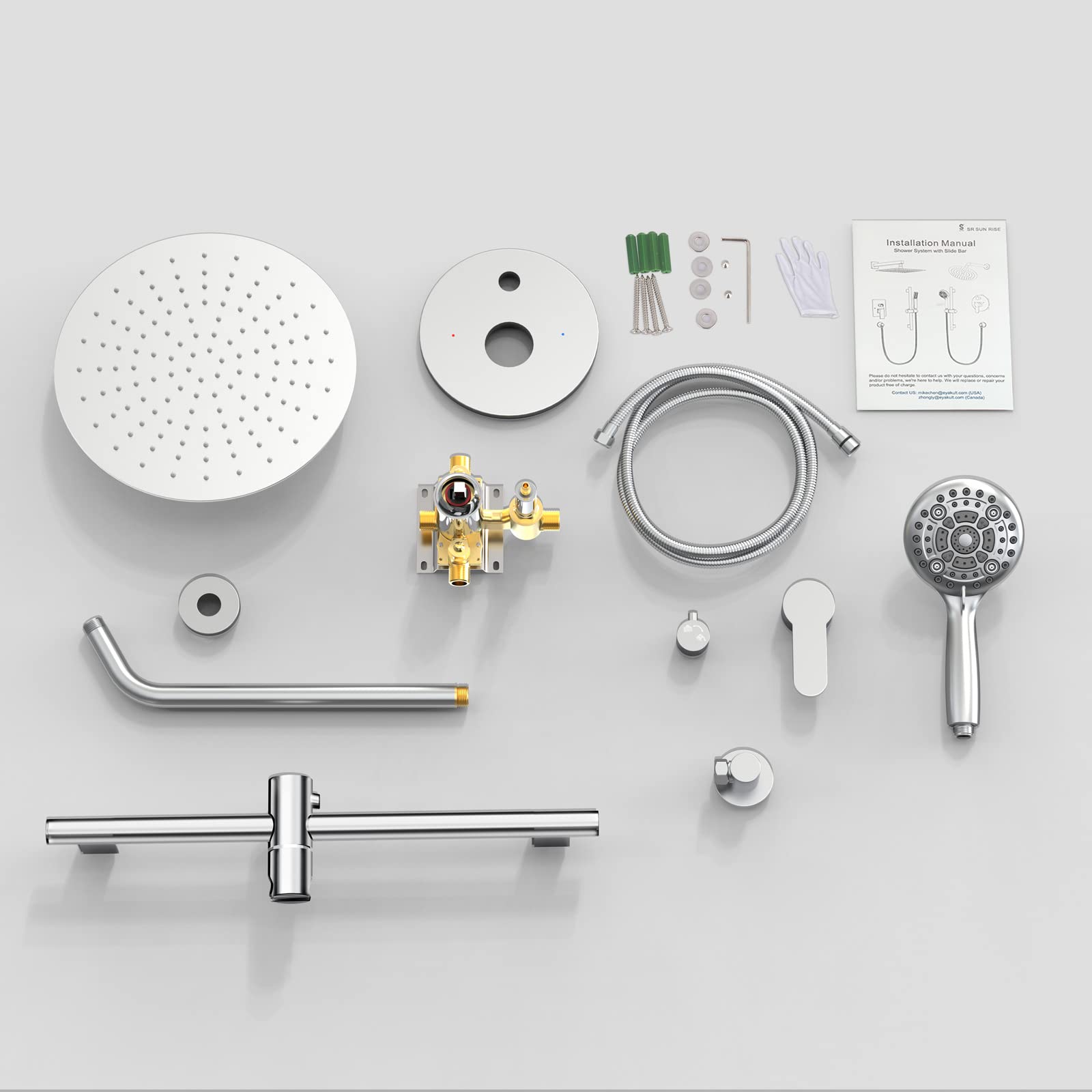 SR SUN RISE 3-Function Round Shower System with Adjustable Slide Bar & 6-Setting Handheld Shower Head - 12 Inch Wall Mounted Bathroom Faucet Set with Valve in Polished Chrome - Perfect for Modern Home Bathroom Renovation and Spa-Like Shower Experience