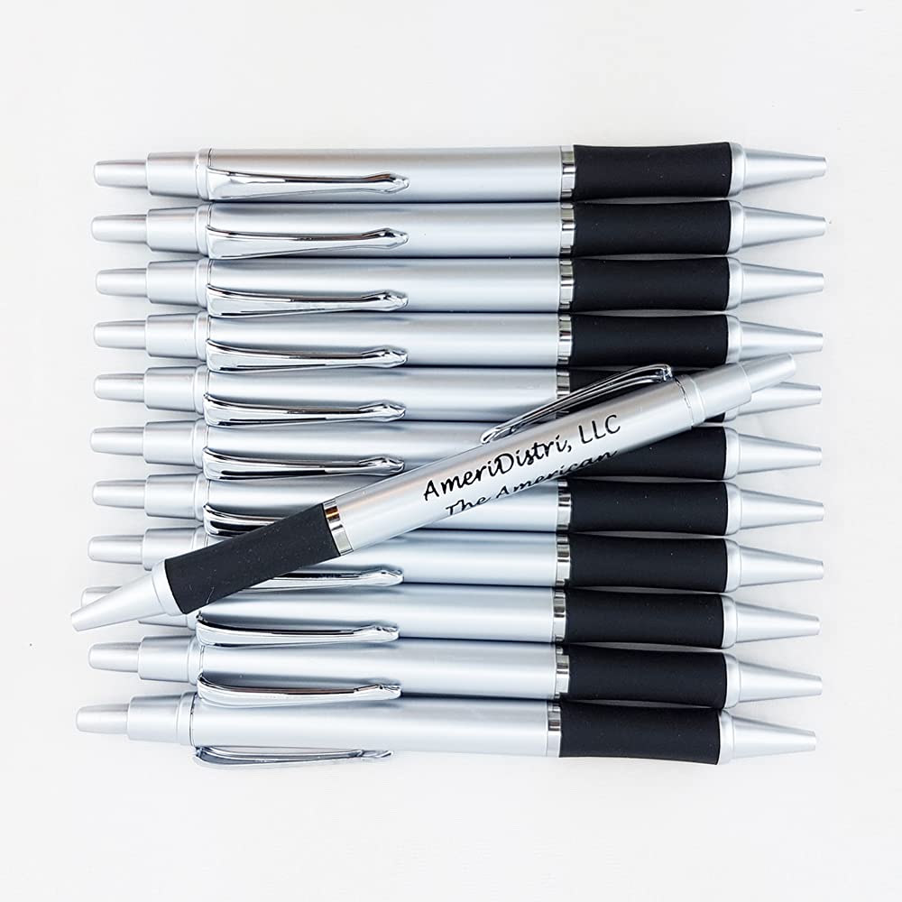 Premium Bullet Ballpoint Pens with Free Personalization - Elegant Silver Tip & Click Accents on Solid Silver Body & Black Grip - 80 Pack for Office, School & Corporate Gifts
