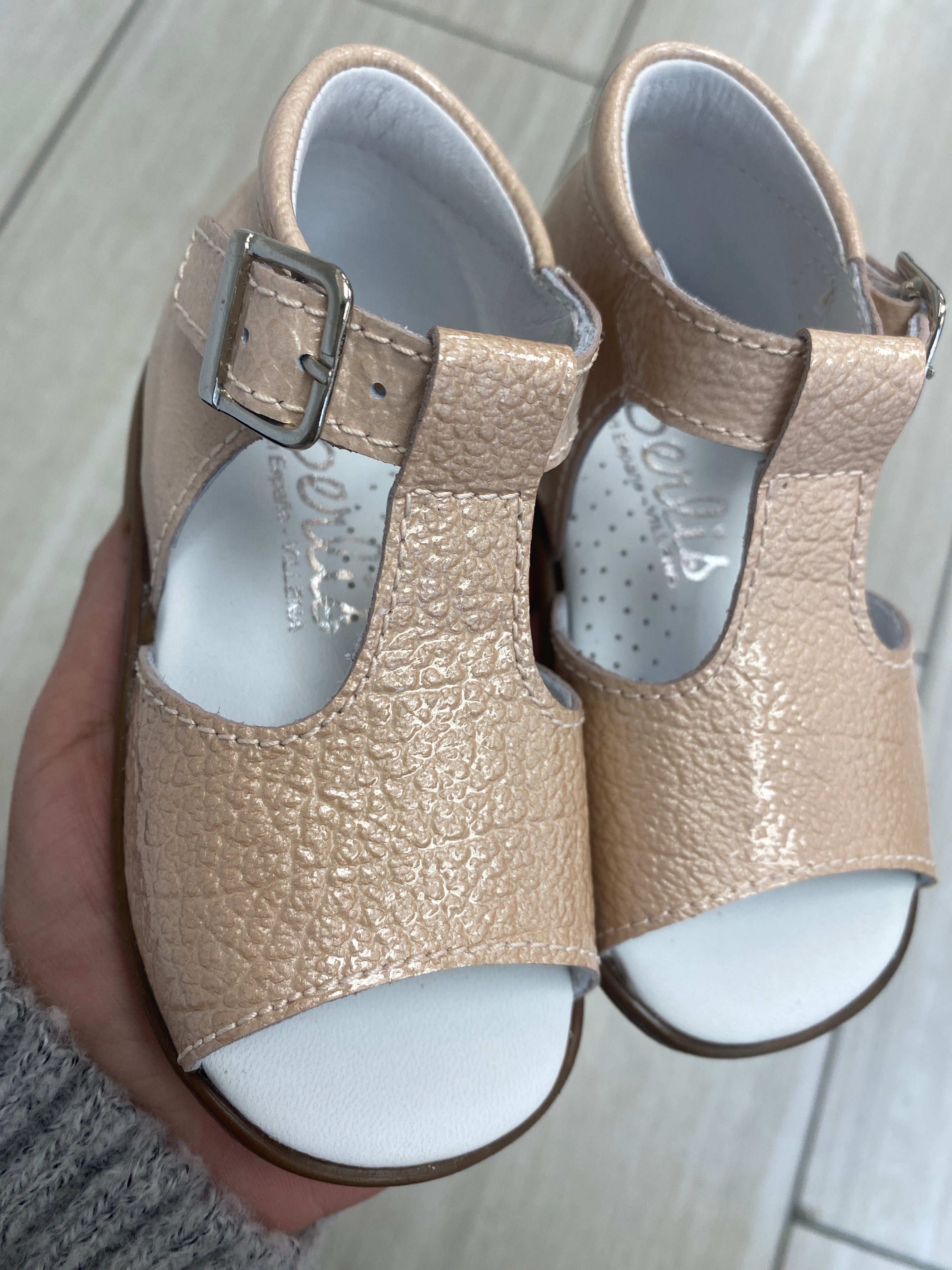 Beberlis Pink Rock Patent T-Strap Baby Sandals for Girls - Comfortable First Walking Shoes for Toddlers - Perfect for Summer Outfits, Beach Trips & Special Occasions