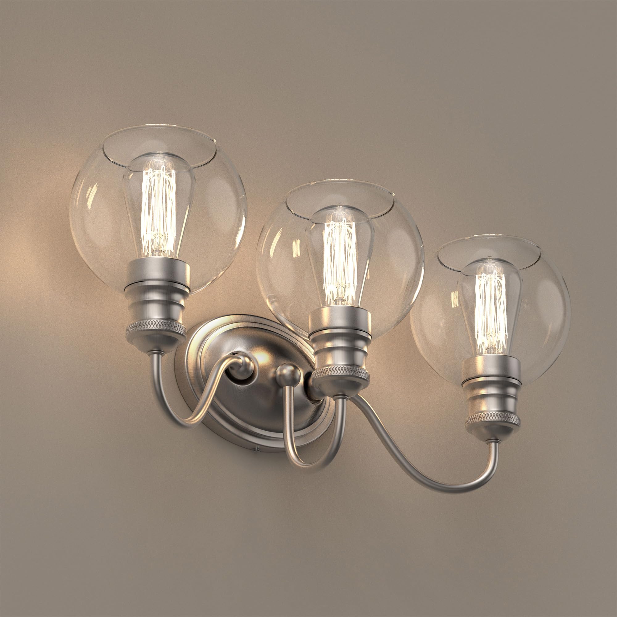 Modern LED Bathroom Vanity Light - 3-Light Brushed Nickel Wall Sconce for Bedroom & Hallway - Clear Glass Shade, E26 Base (Bulb Not Included) - Perfect for Mirror Lighting & Indoor Decor