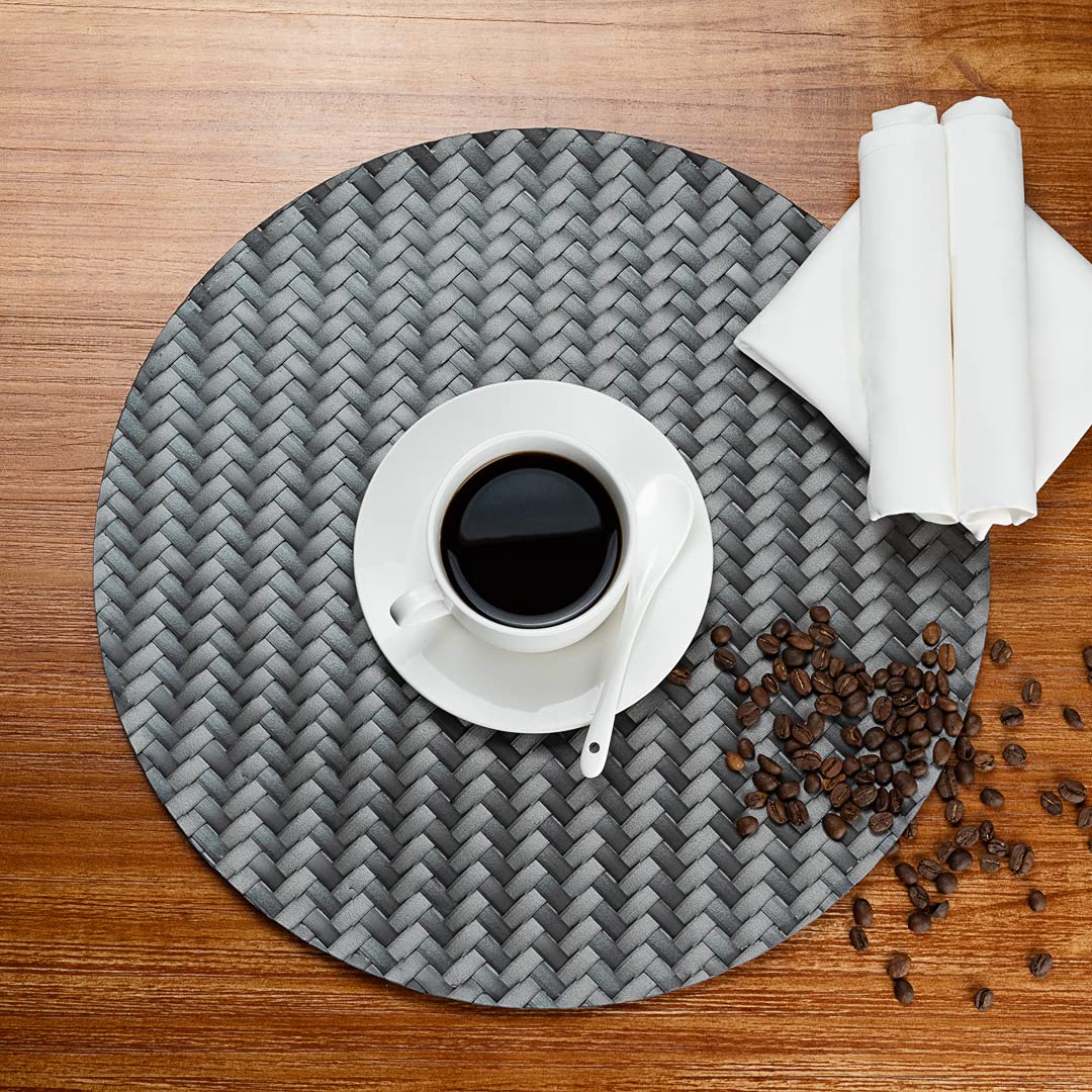 Premium 15-Inch Round Woven Placemats Set of 6 - Durable & Easy-Clean Metallic Gray Plastic Table Mats for Dining - Perfect for Home, Restaurant, Wedding & Party Decor