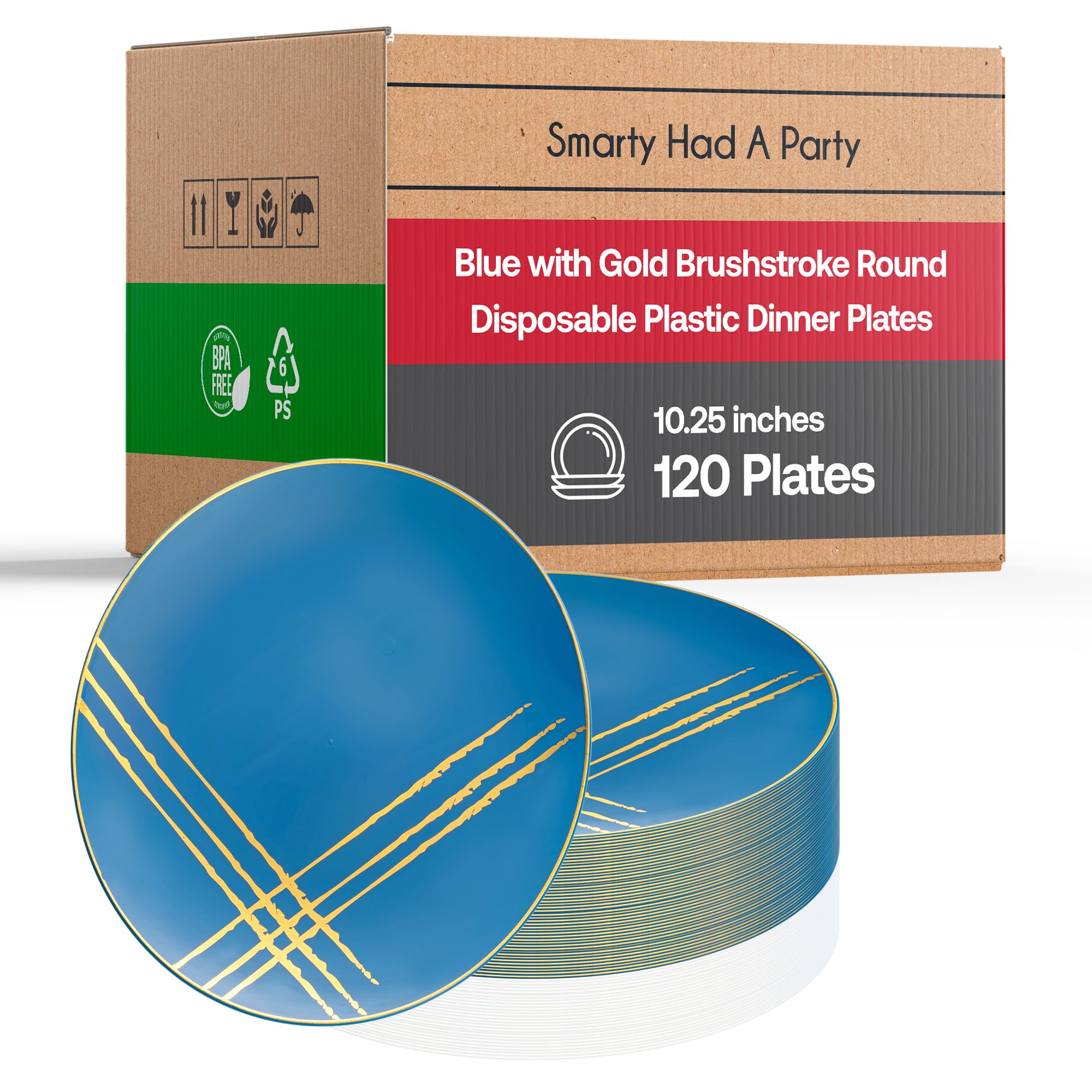 Smarty Had A Party Disposable Marble Plastic Plates - 10.25 Inch Elegant Dinnerware Set for Weddings, Parties & Events - Bulk Pack of 120 Blue & Gold Plates - Perfect for Catering, Buffets & Formal Dining