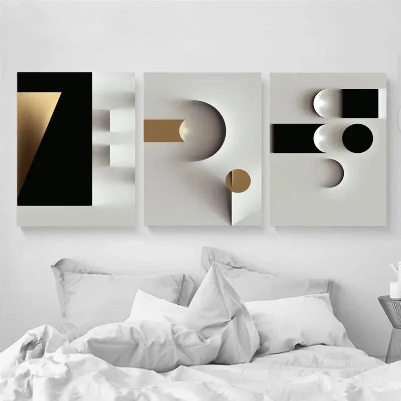 3-Piece Black and White Geometric Wall Art Prints - Metal Framed Modern Home Decor - Perfect for Living Room, Bedroom & Office Decorations