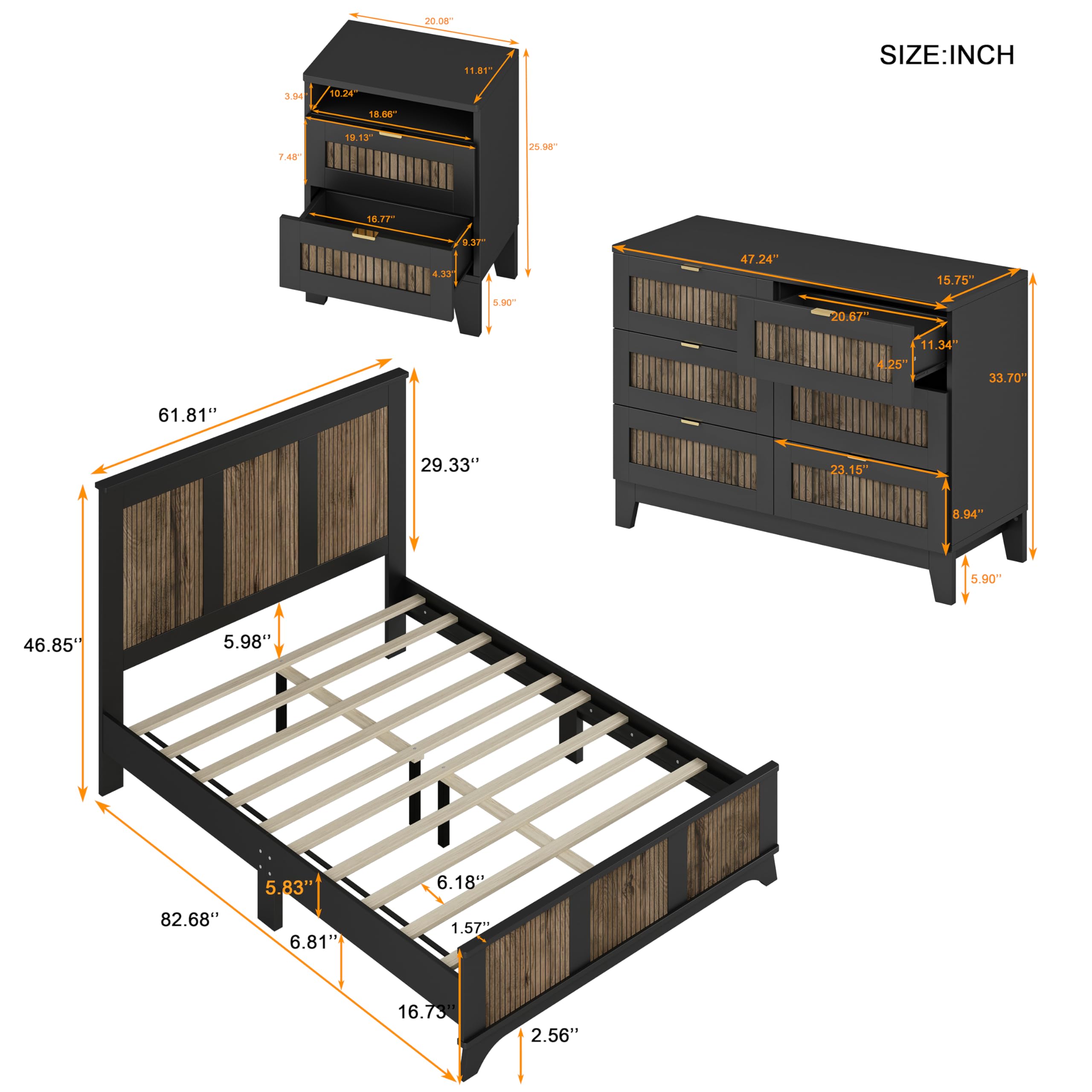 4-Piece Queen Size Farmhouse Bedroom Set - Wooden Platform Bed with Storage Nightstands & Dresser with Metal Handles | Black Finish | Perfect for Master Bedroom, Guest Room & Cozy Farmhouse Decor