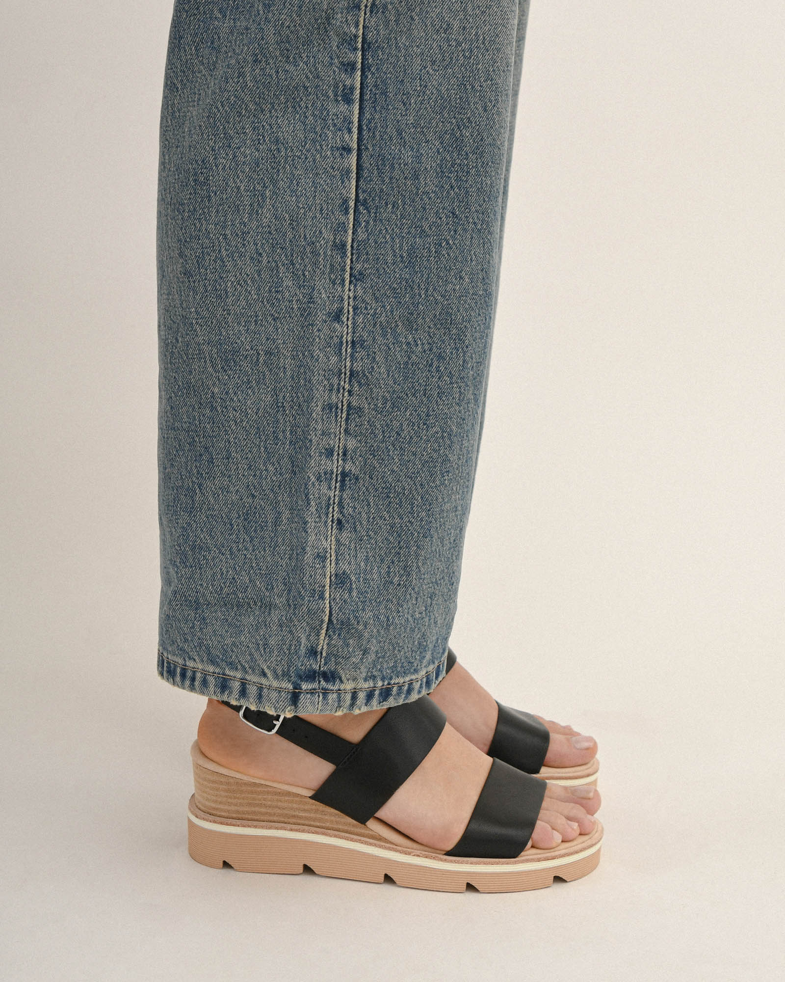 KINNEY Women's Black Leather Wedge Sandals - Comfortable & Stylish for Summer, Beach, and Casual Outings