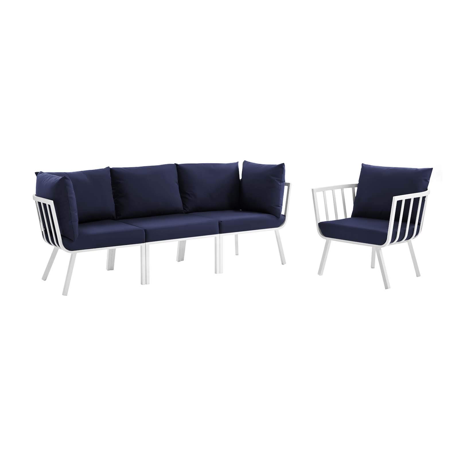 Modway Riverside 4-Piece Outdoor Patio Dining Set - White & Navy Aluminum Furniture with Table & Chairs (114