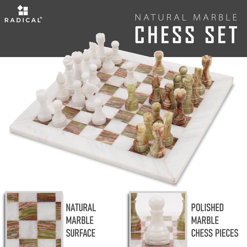 Premium 15-Inch White & Green Onyx Handmade Marble Chess Set with Storage Box - Classic 2-Player Board Game for Adults (Includes 1 Chess Board & 32 Pieces) - Perfect for Home Decor, Gifts, and Strategy Game Lovers