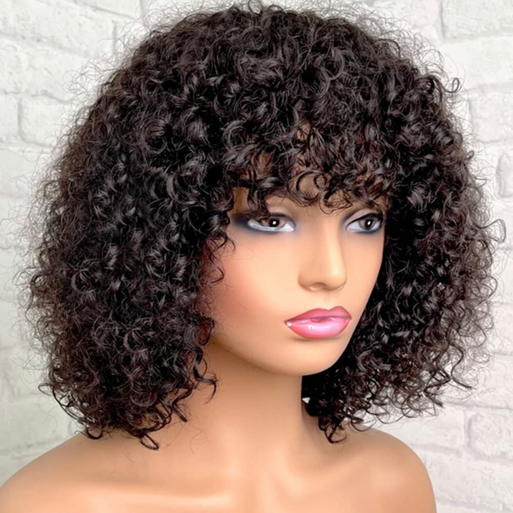 Brazilian Human Hair Wigs for Black Women - Short Curly Wigs with Bangs, 12 Inch, 200% Density, Glueless Scalp Top, Full Machine Made, Natural Color | Perfect for Daily Wear, Cosplay & Protective Styling