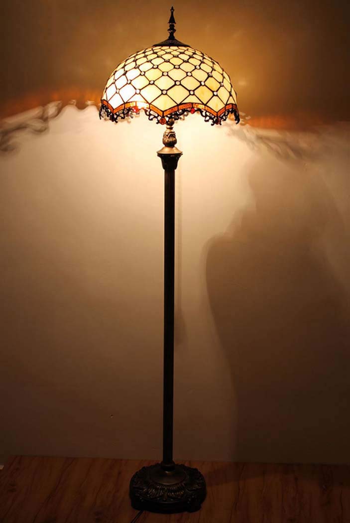 Tiffany Style Floor Lamp - 2-Light Table & Desk Standing Lighting with Stained Glass Shade, 16-Inch Height, Foot Switch, 110-240V, E27 Bulb - Perfect for Living Room, Bedroom & Office Decor