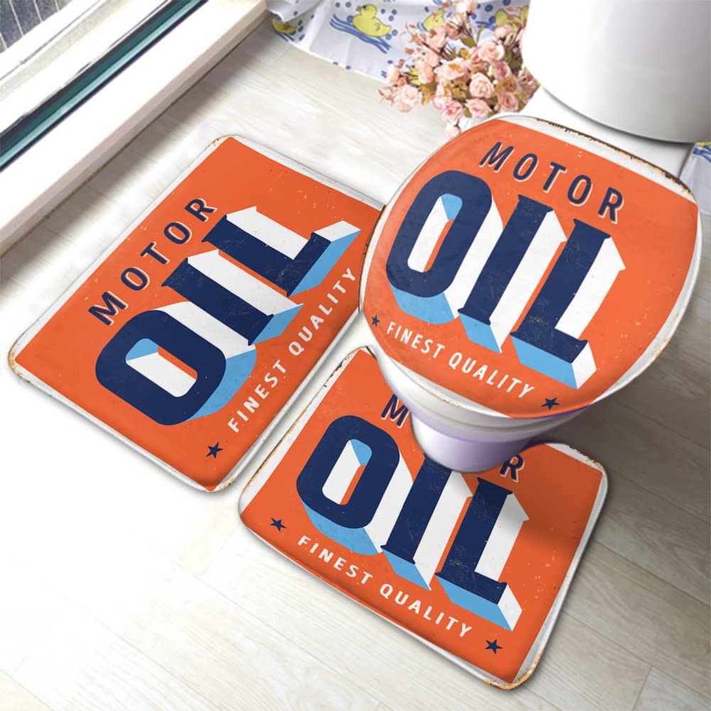 Vintage Motorcycle Gasoline Rust Metal Sign 3-Piece Bathroom Rug Set - Non-Slip Rubber Backing Bath Mat, U-Shaped Contour Rug & Toilet Lid Cover - Perfect for Garage, Man Cave or Vintage Themed Bathroom Decor