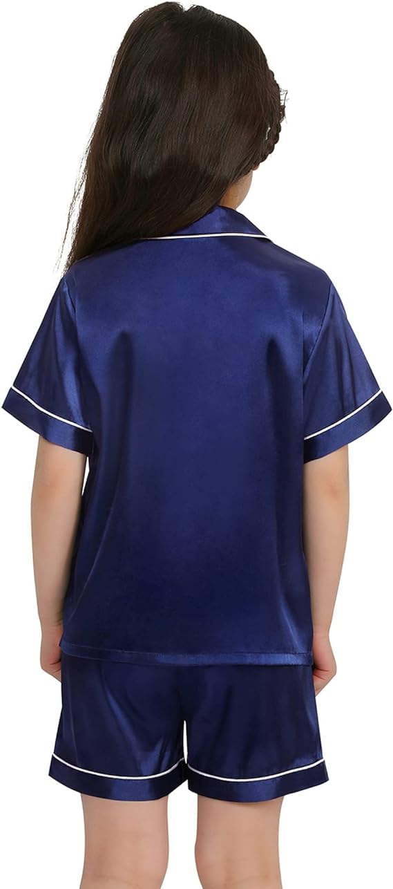 SWOMOG Kids Satin Pajama Sets for Girls & Boys - Soft Button-Down Silk Pjs, Short Sleeve 2-Piece Nightwear & Lounge Outfit - Perfect for Sleepovers, Bedtime & Relaxing at Home